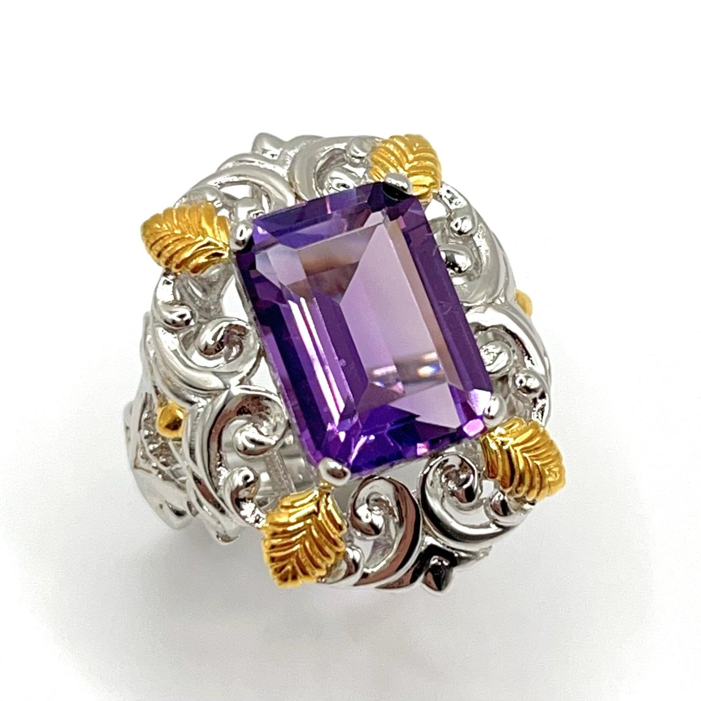 Contemporary Cocktail . Ring of Amethyst in Baroque Frame in Silver 925