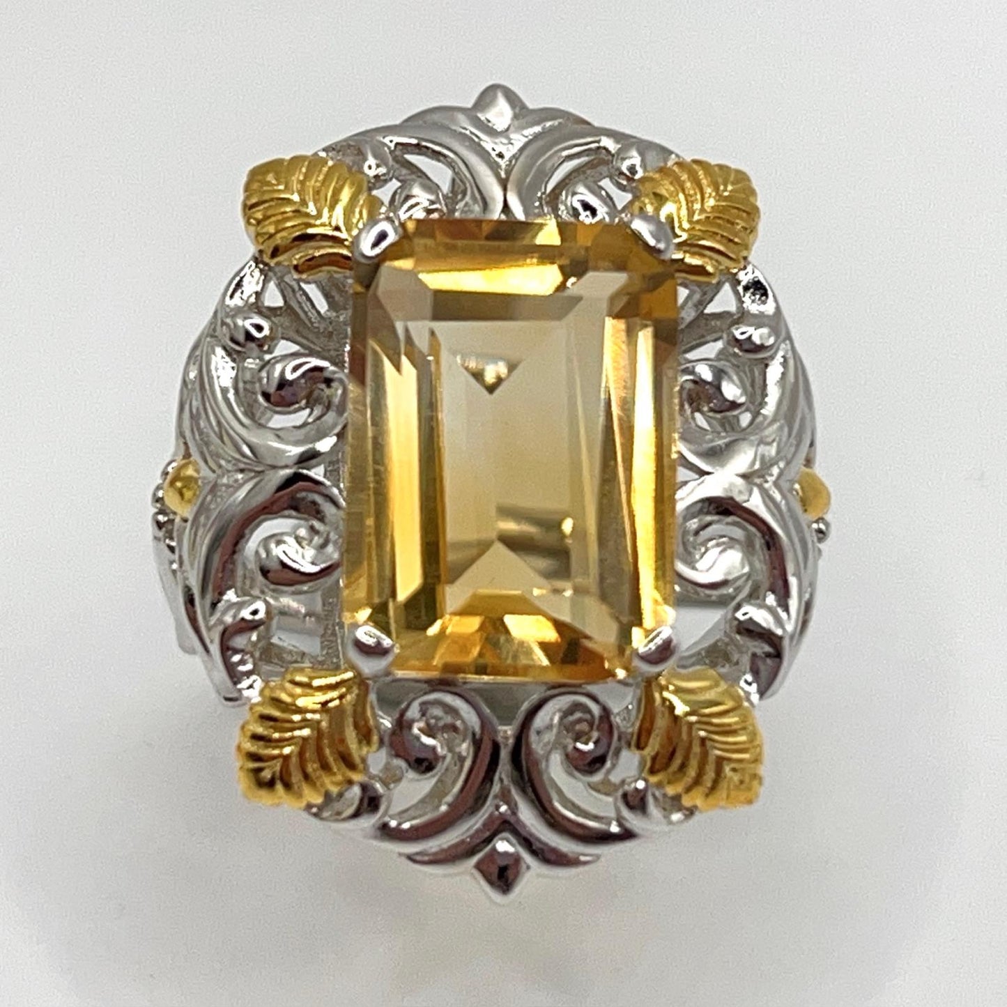 Contemporary Cocktail . Ring of Citrine in Baroque Frame in Silver 925