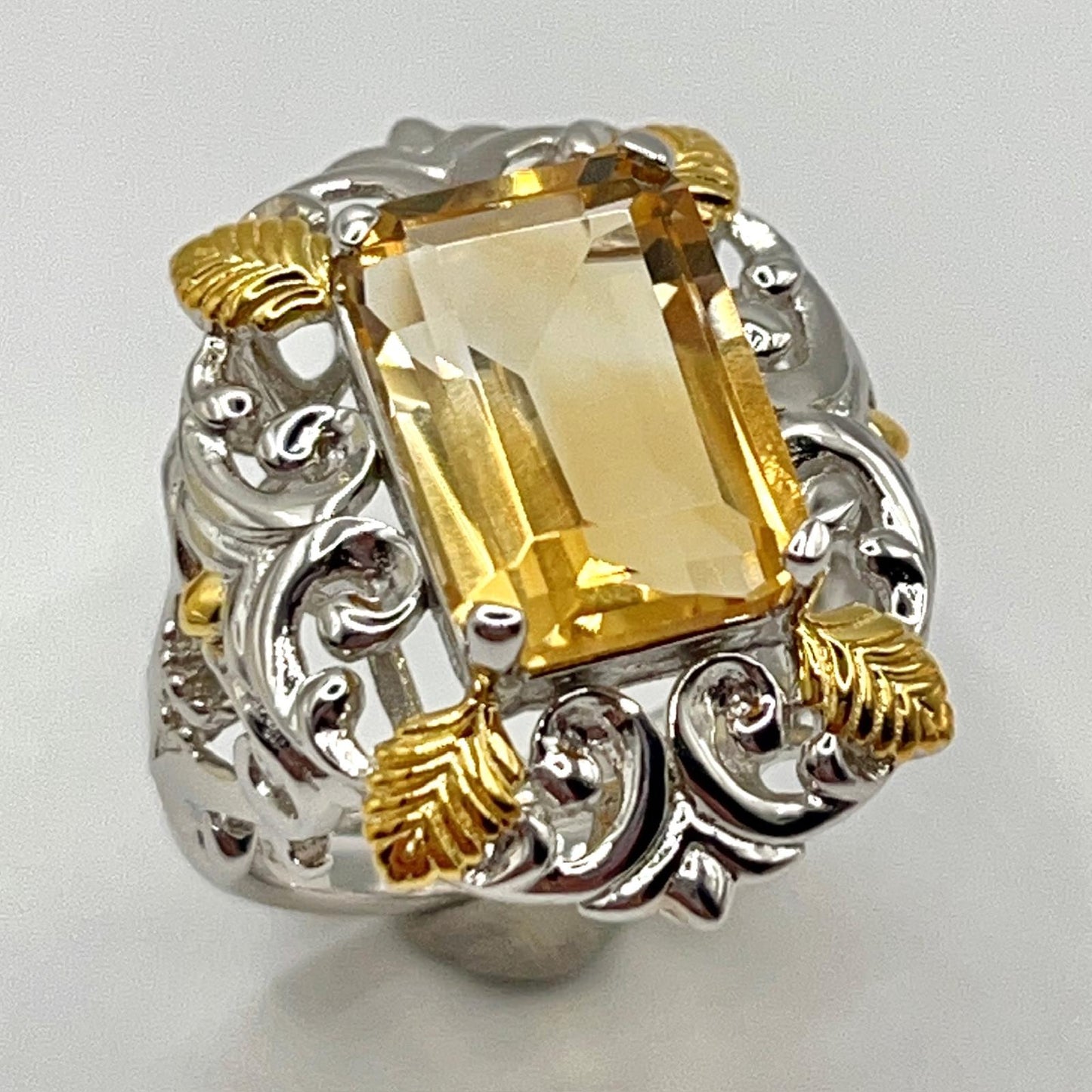 Contemporary Cocktail . Ring of Citrine in Baroque Frame in Silver 925