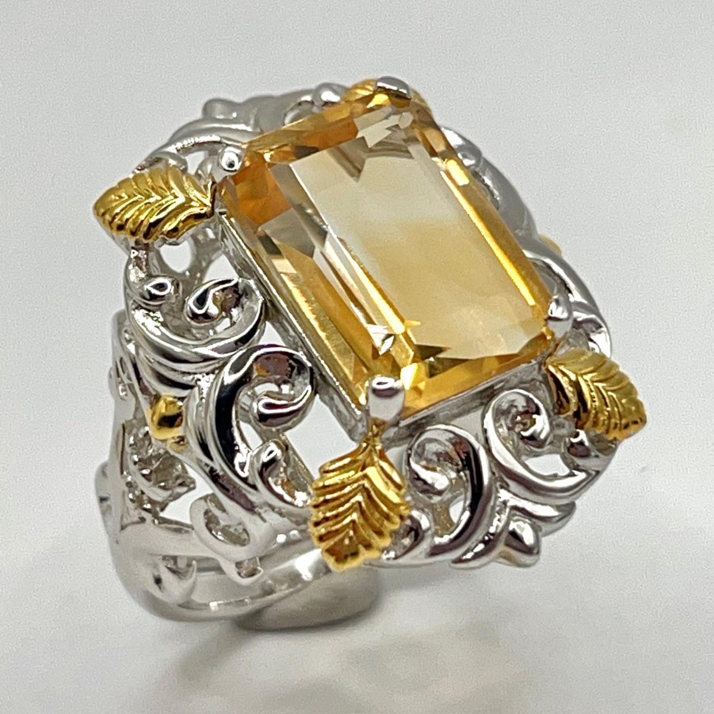 Contemporary Cocktail . Ring of Citrine in Baroque Frame in Silver 925