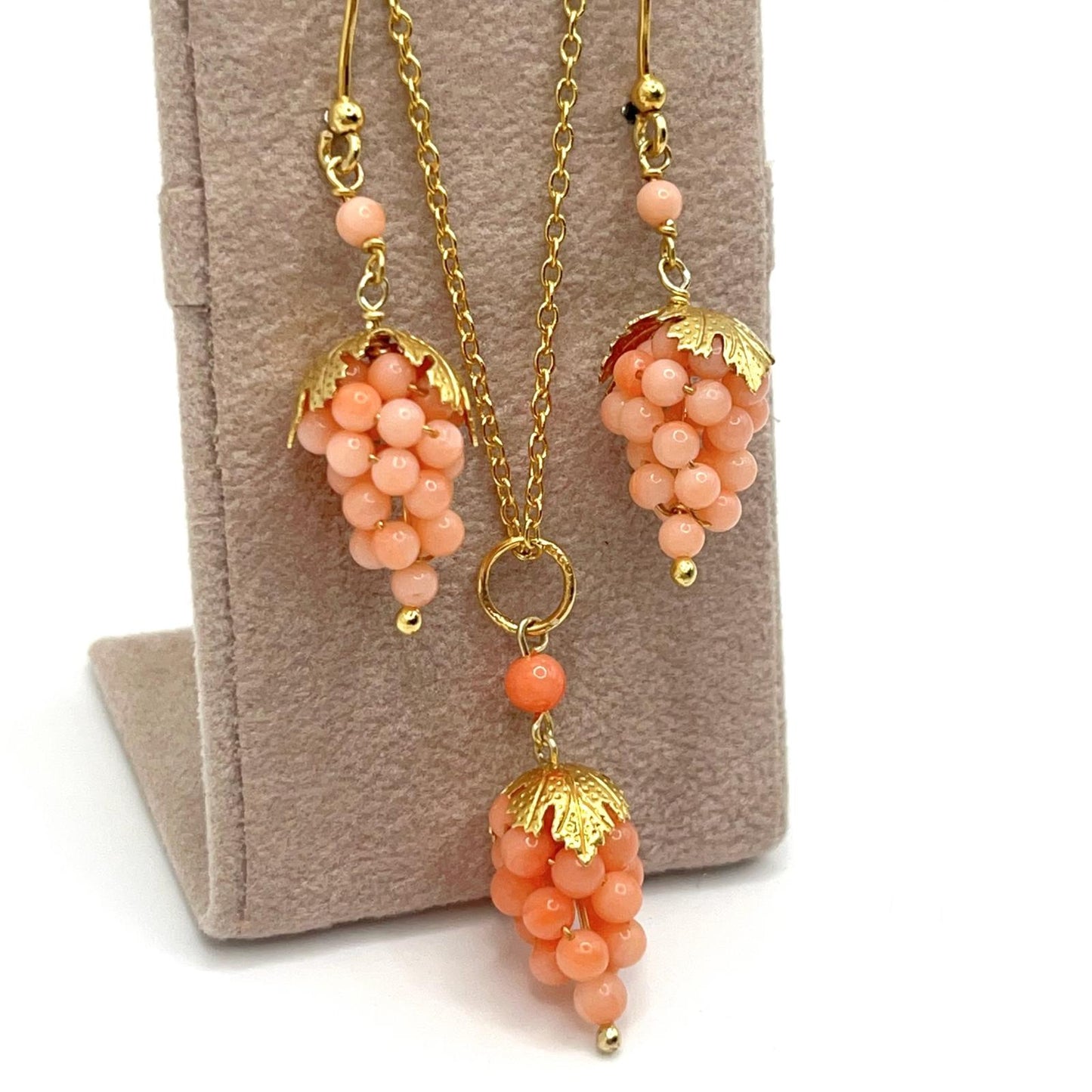 Italian Artisan Collection . Coral Earring & Necklace in Silver 925 . Pacific Pink Coral