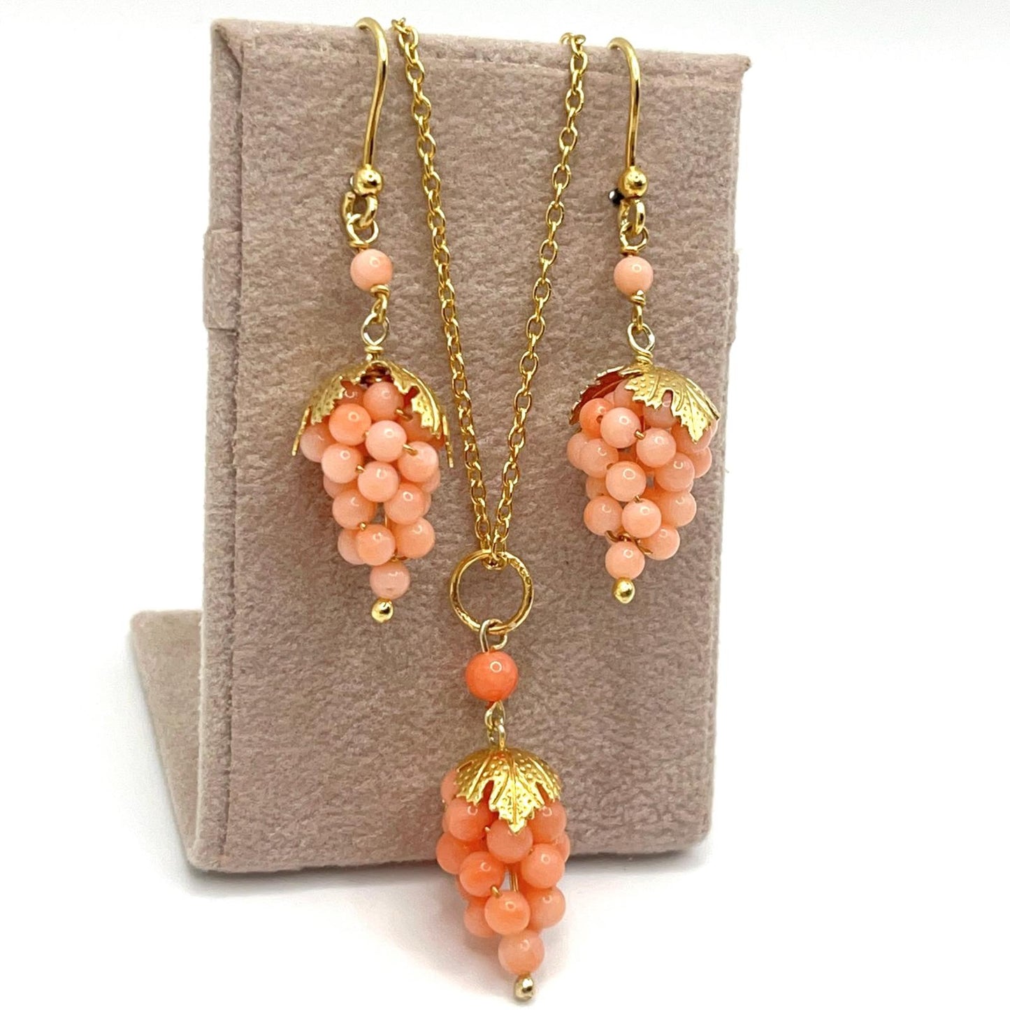 Italian Artisan Collection . Coral Earring & Necklace in Silver 925 . Pacific Pink Coral