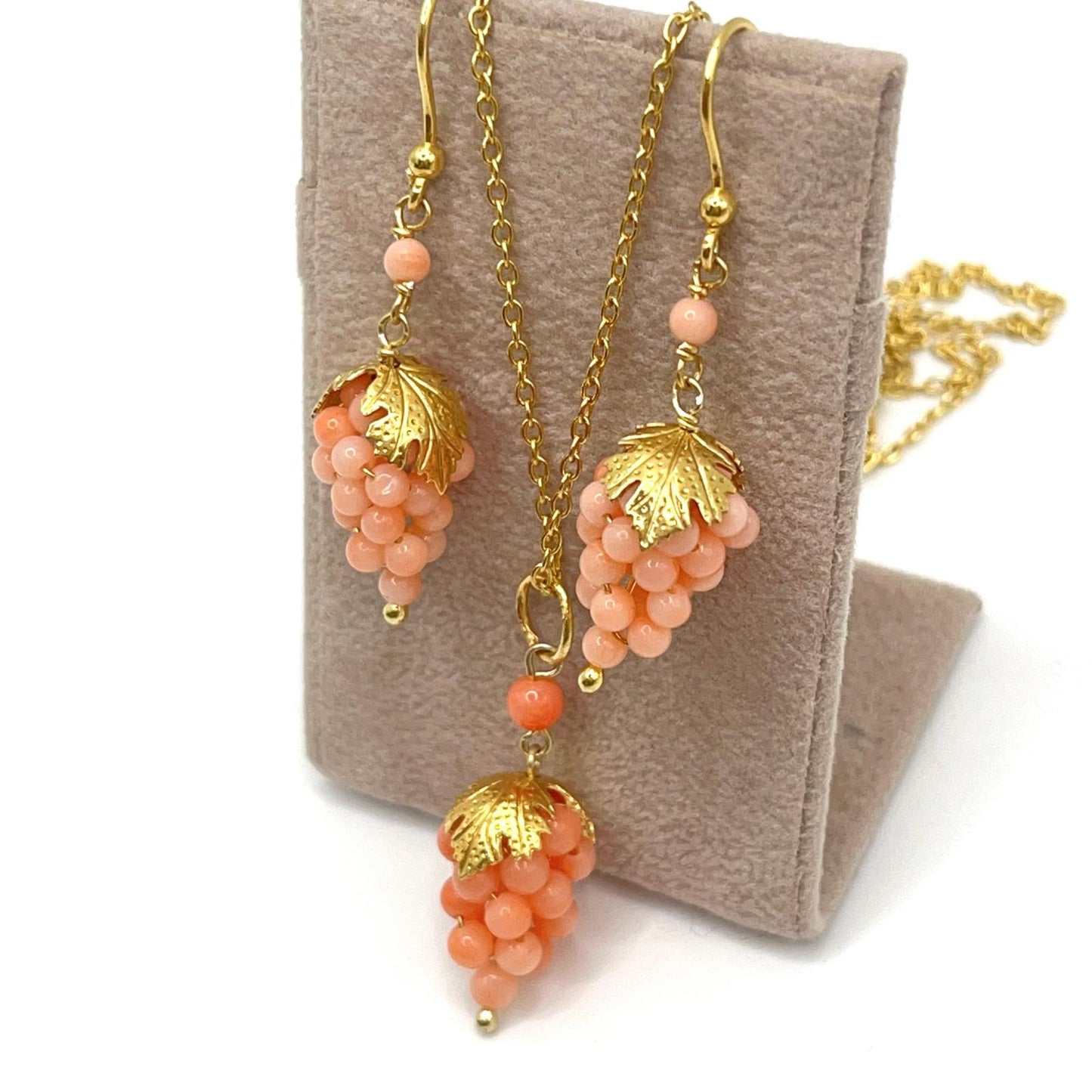 Italian Artisan Collection . Coral Earring & Necklace in Silver 925 . Pacific Pink Coral