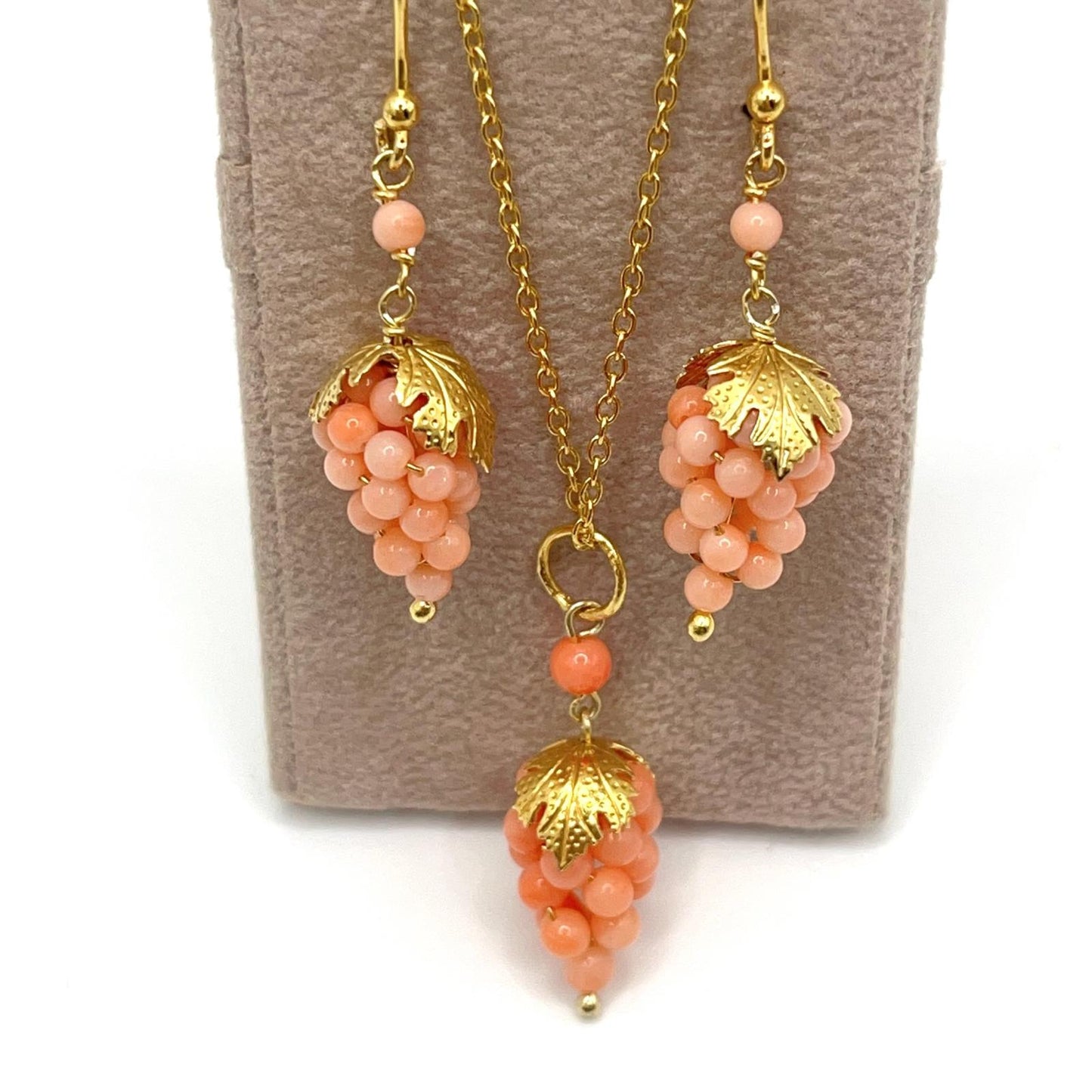 Italian Artisan Collection . Coral Earring & Necklace in Silver 925 . Pacific Pink Coral