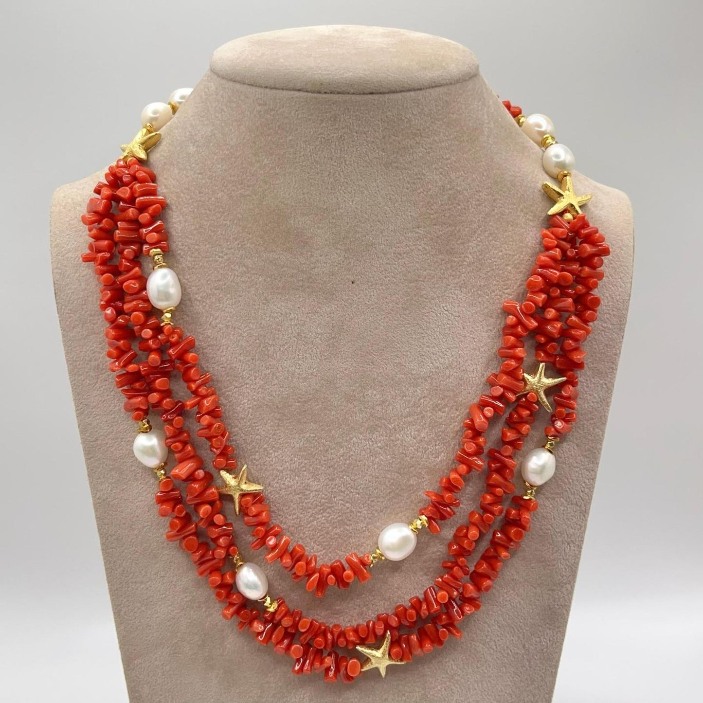 Italian Artisan Collection. Coral & Pearl Necklace in Silver 925 With Sea-Inspired Elements