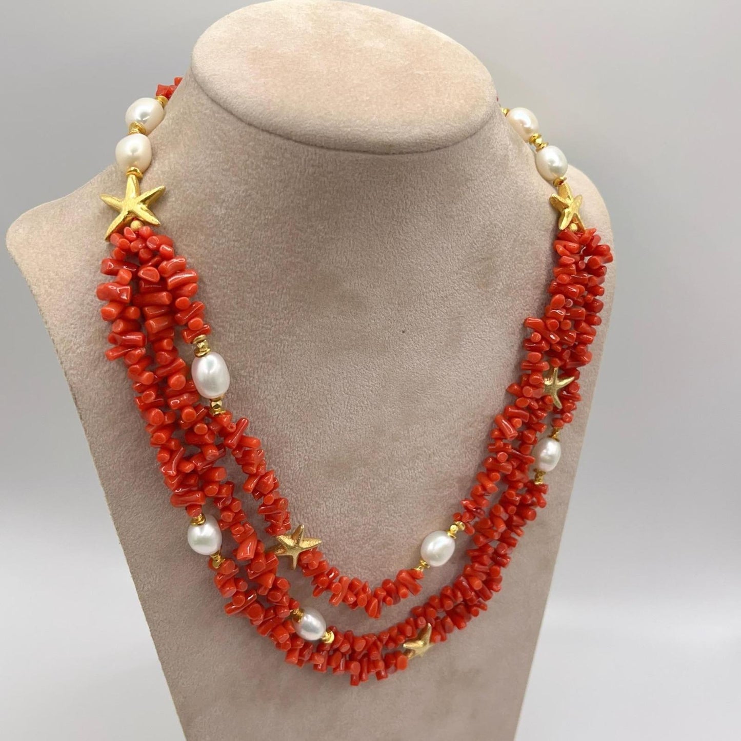 Italian Artisan Collection. Coral & Pearl Necklace in Silver 925 With Sea-Inspired Elements