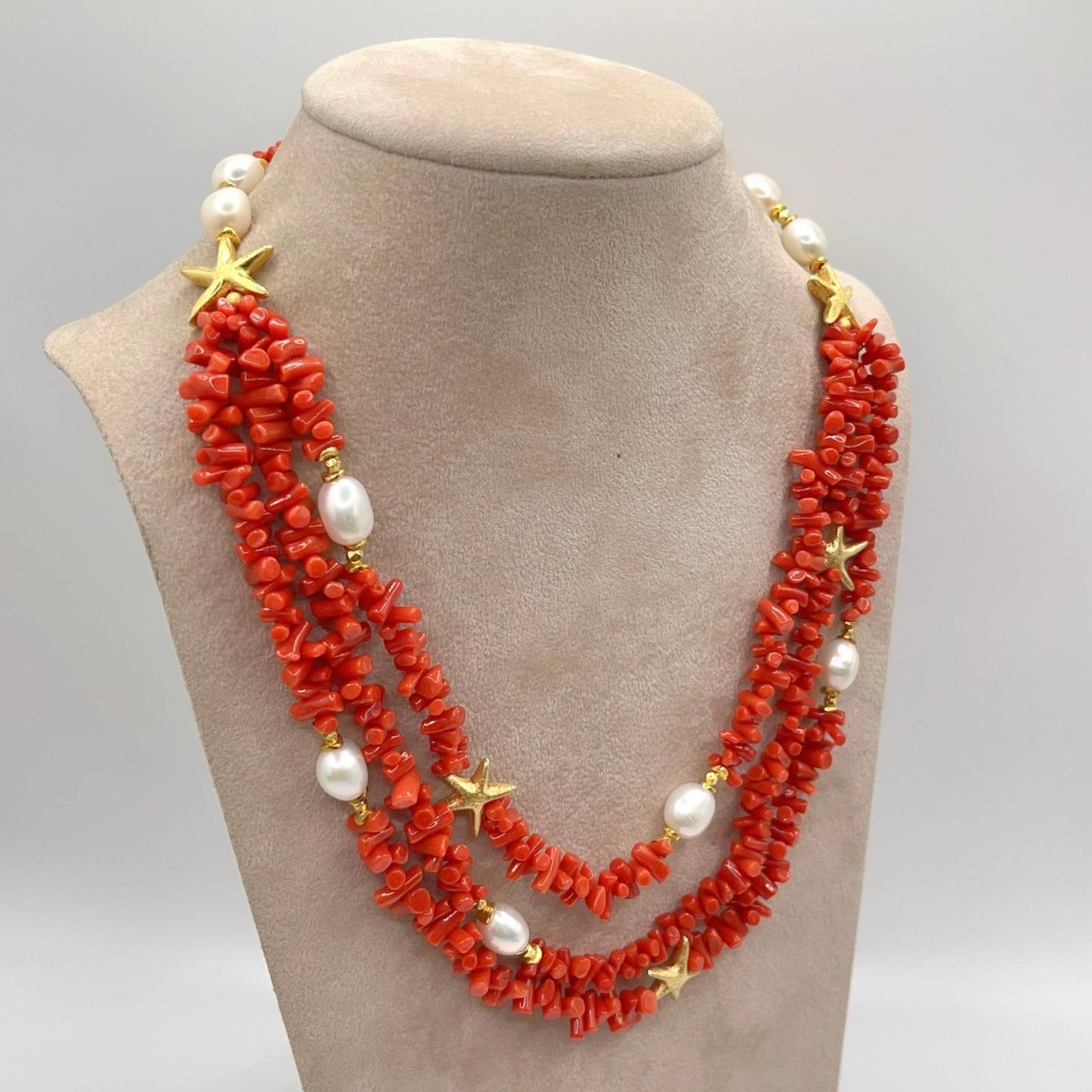 Italian Artisan Collection. Coral & Pearl Necklace in Silver 925 With Sea-Inspired Elements