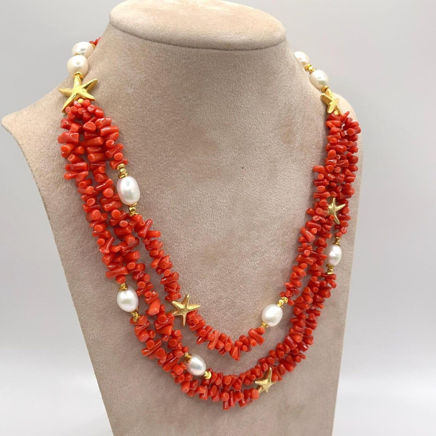 Italian Artisan Collection. Coral & Pearl Necklace in Silver 925 With Sea-Inspired Elements