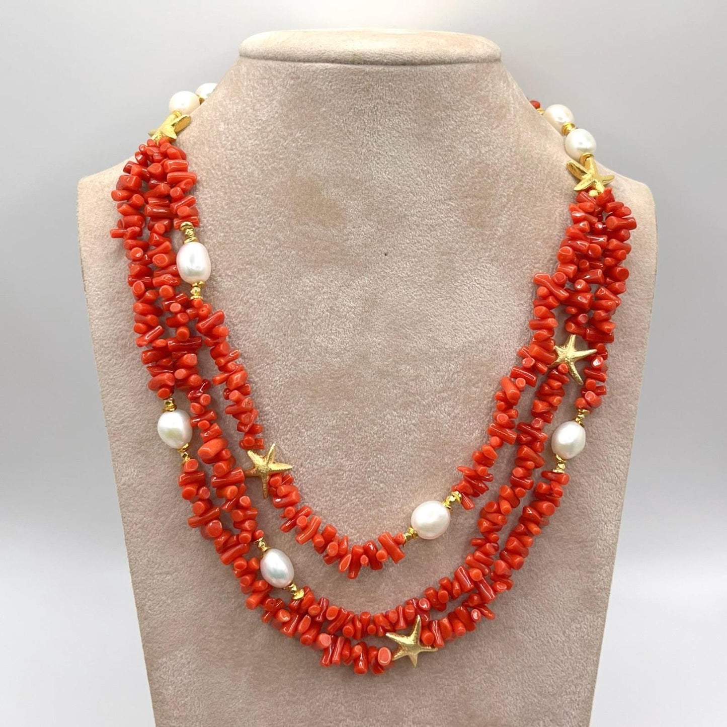 Italian Artisan Collection. Coral & Pearl Necklace in Silver 925 With Sea-Inspired Elements