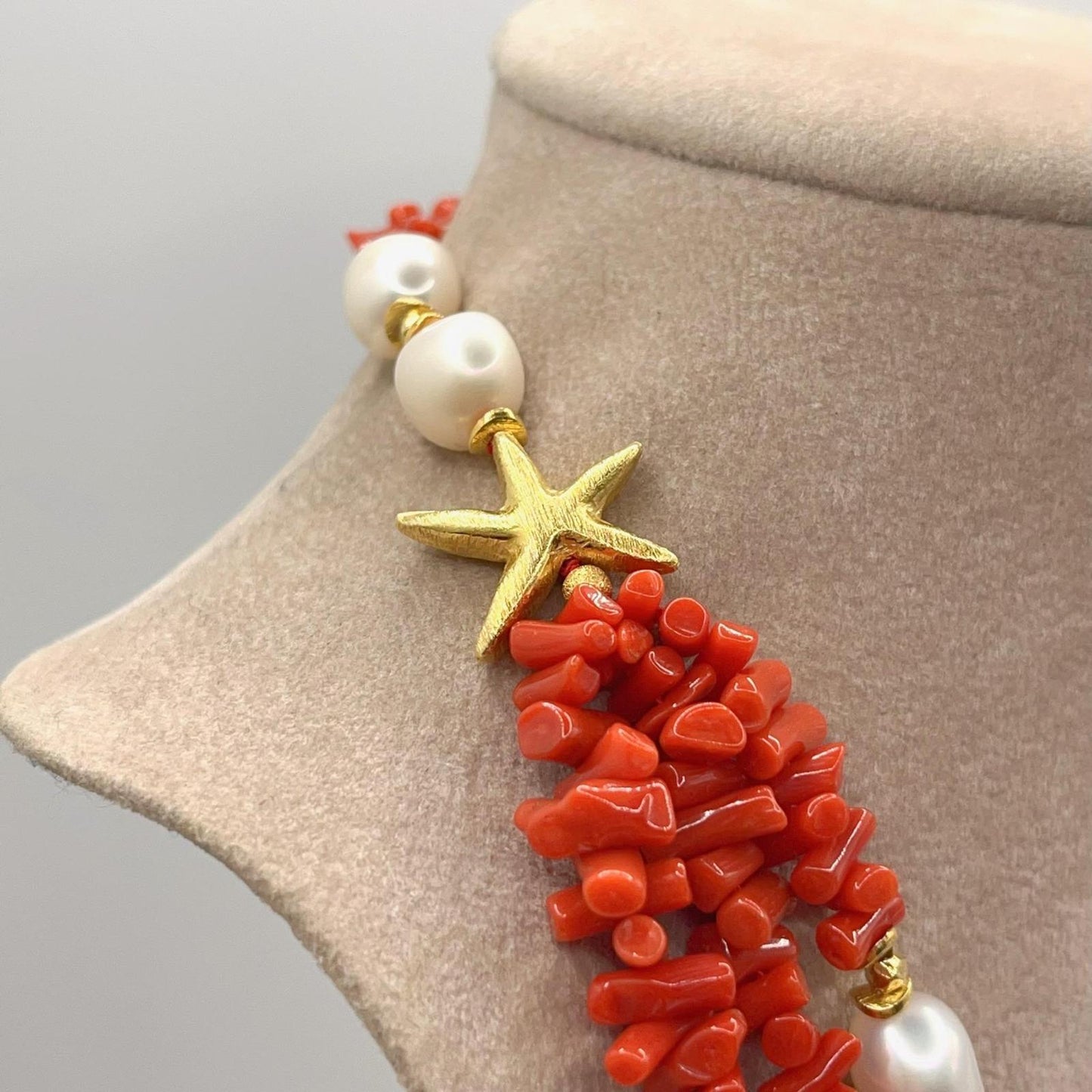 Italian Artisan Collection. Coral & Pearl Necklace in Silver 925 With Sea-Inspired Elements
