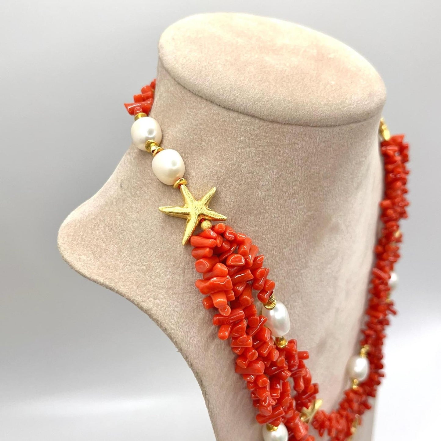 Italian Artisan Collection. Coral & Pearl Necklace in Silver 925 With Sea-Inspired Elements