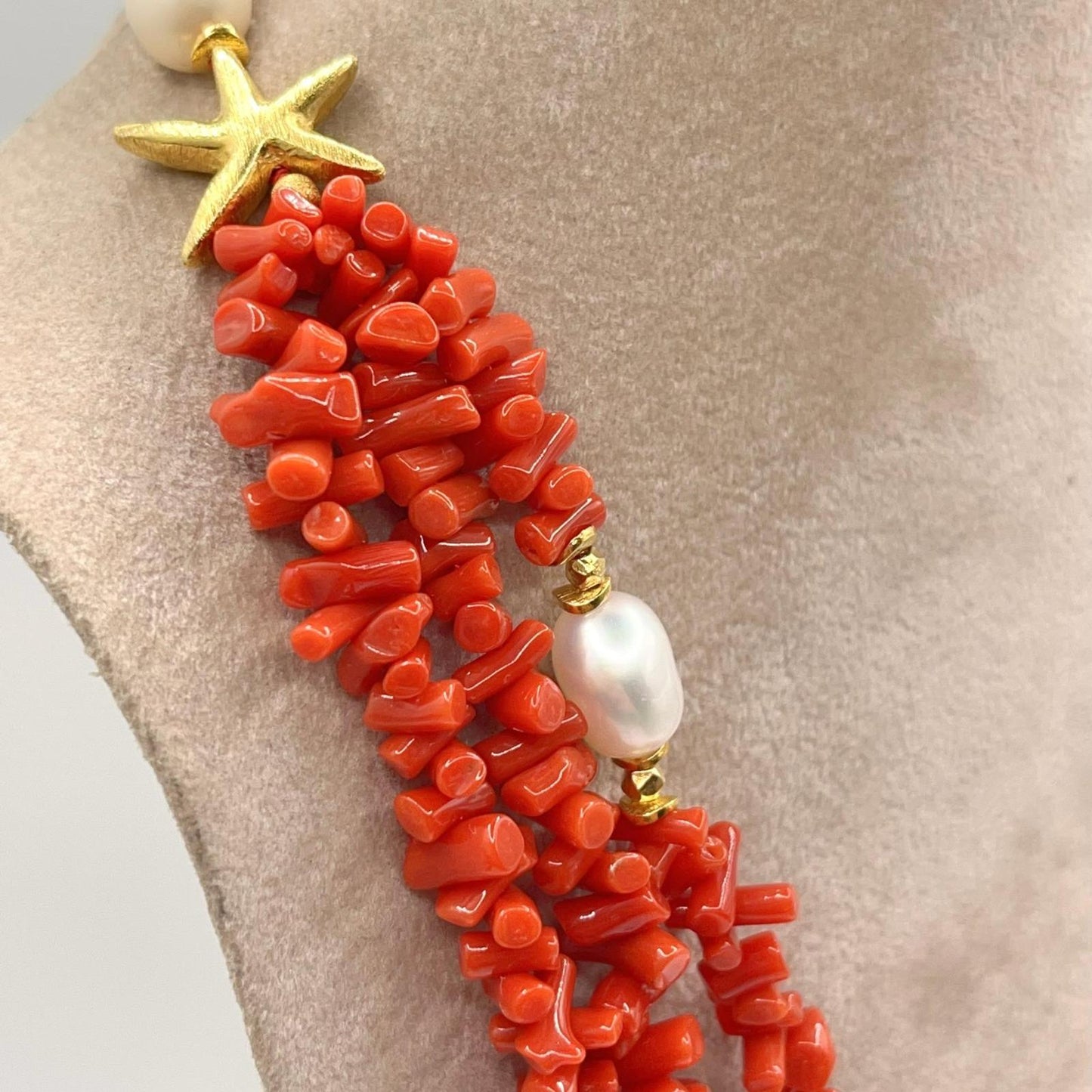 Italian Artisan Collection. Coral & Pearl Necklace in Silver 925 With Sea-Inspired Elements
