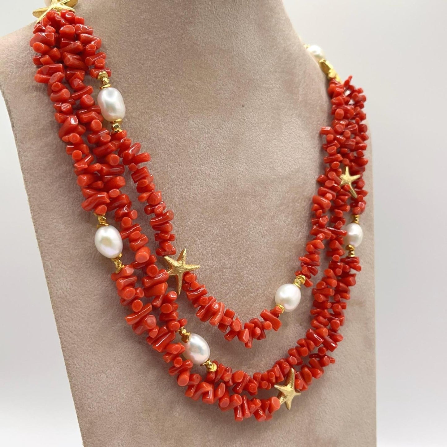 Italian Artisan Collection. Coral & Pearl Necklace in Silver 925 With Sea-Inspired Elements