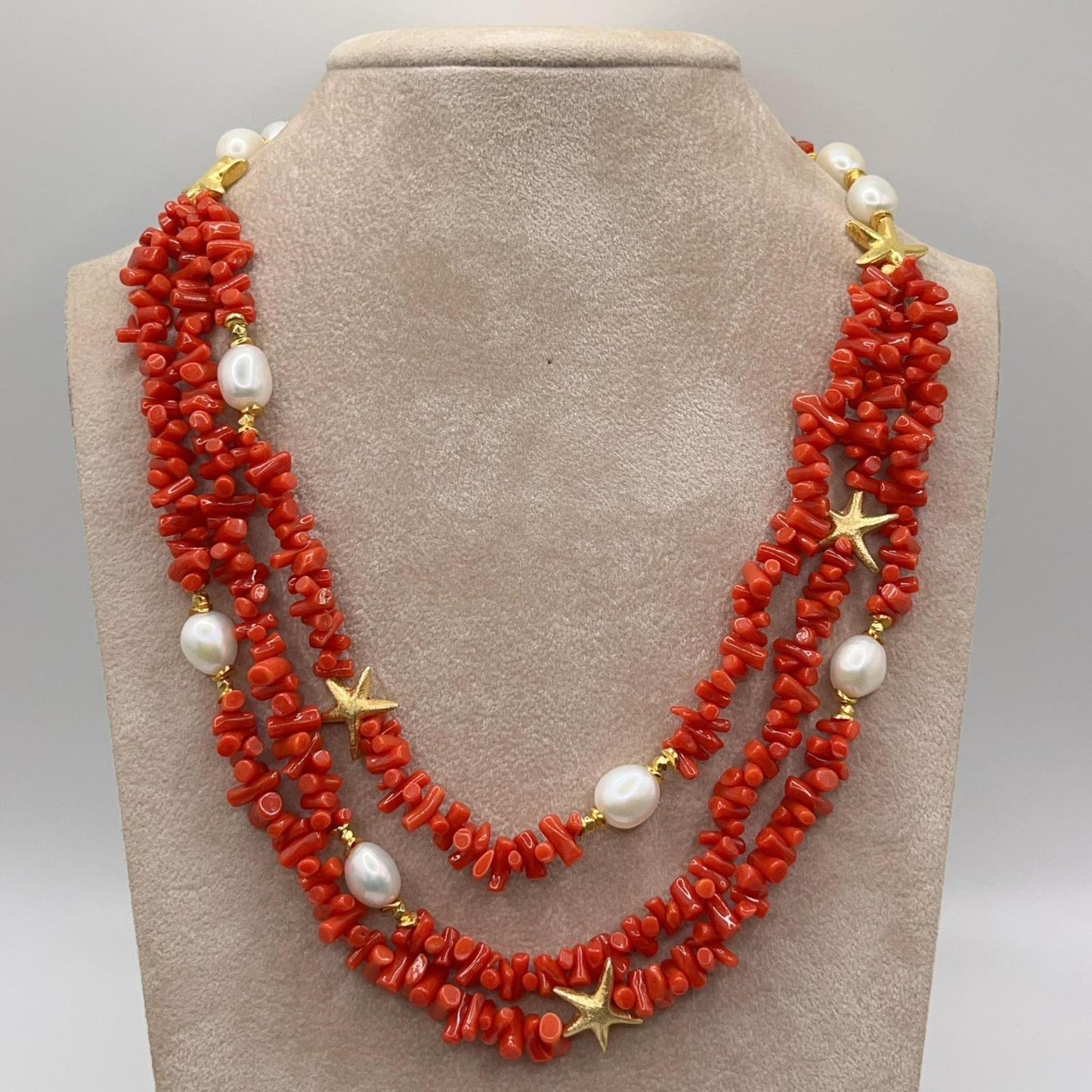 Italian Artisan Collection. Coral & Pearl Necklace in Silver 925 With Sea-Inspired Elements