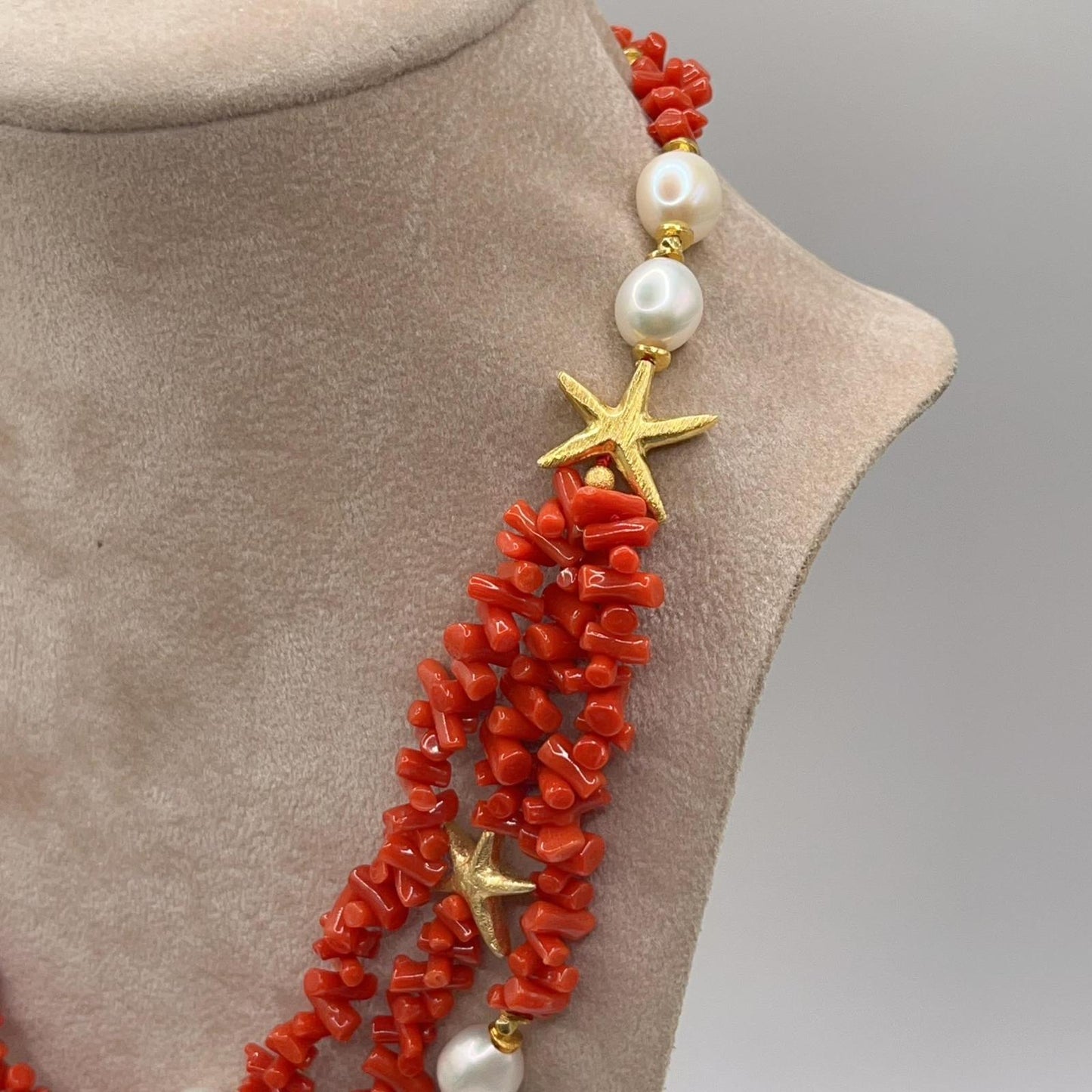 Italian Artisan Collection. Coral & Pearl Necklace in Silver 925 With Sea-Inspired Elements