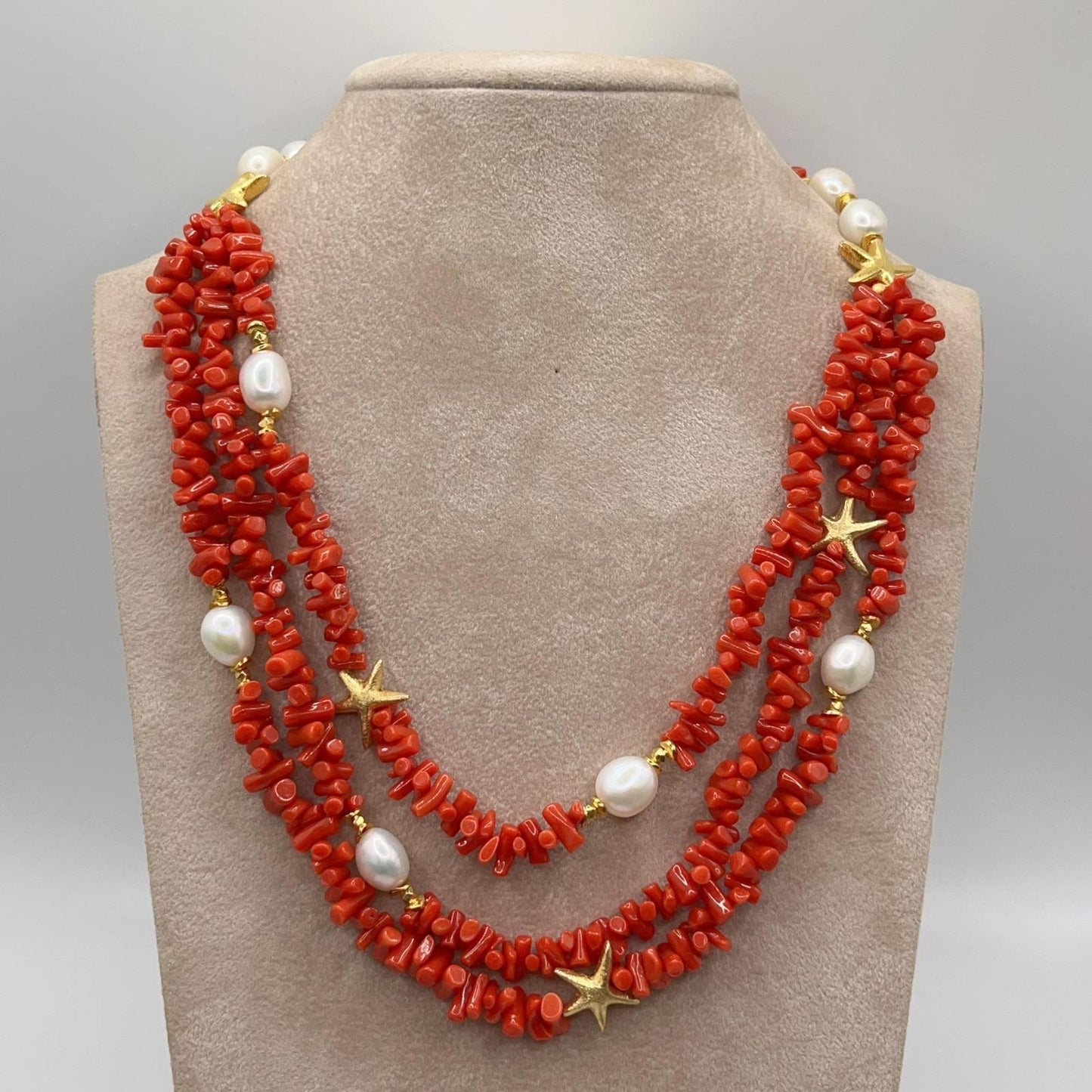 Italian Artisan Collection. Coral & Pearl Necklace in Silver 925 With Sea-Inspired Elements