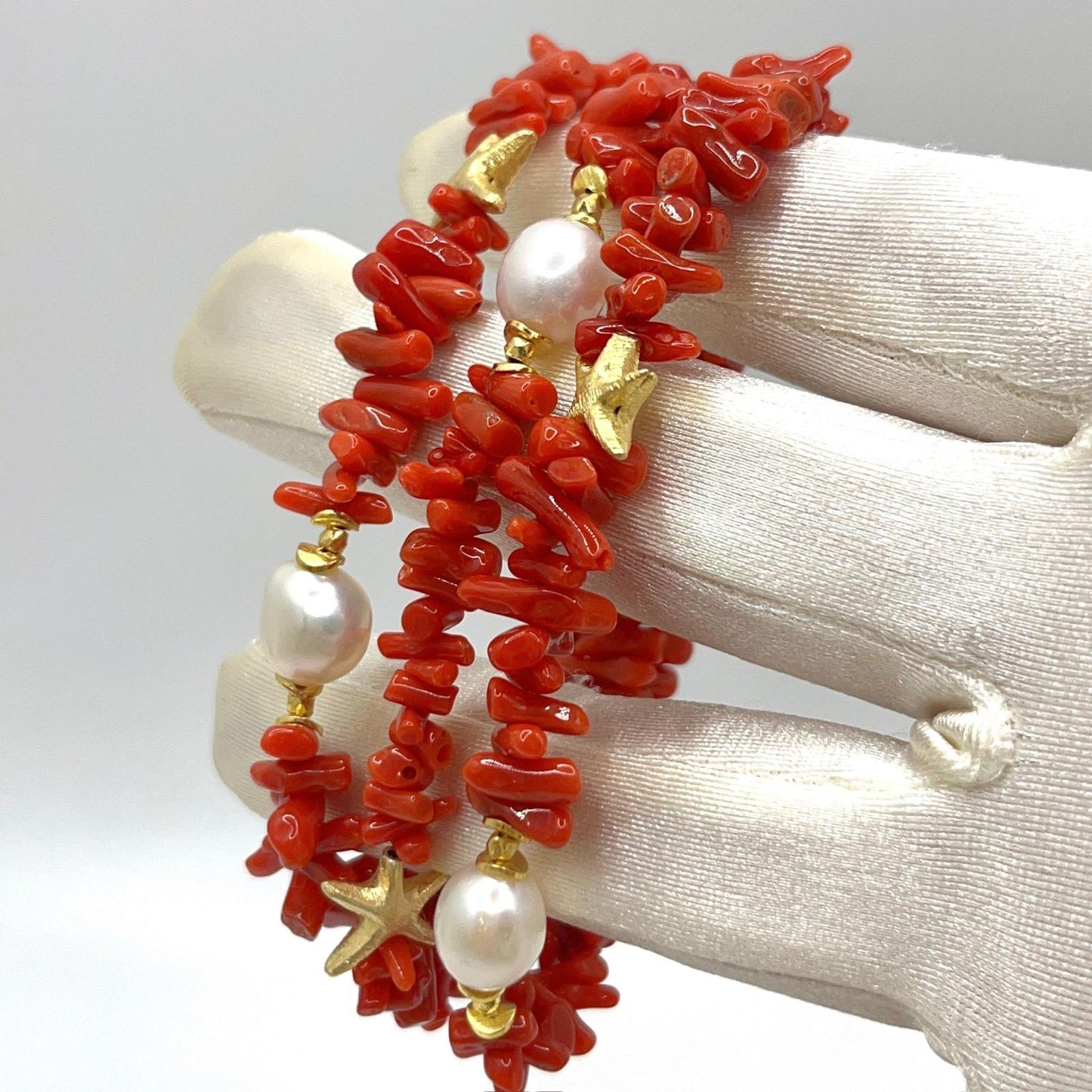 Italian Artisan Collection. Coral & Pearl Bracelet in Silver 925 With Sea-Inspired Elements