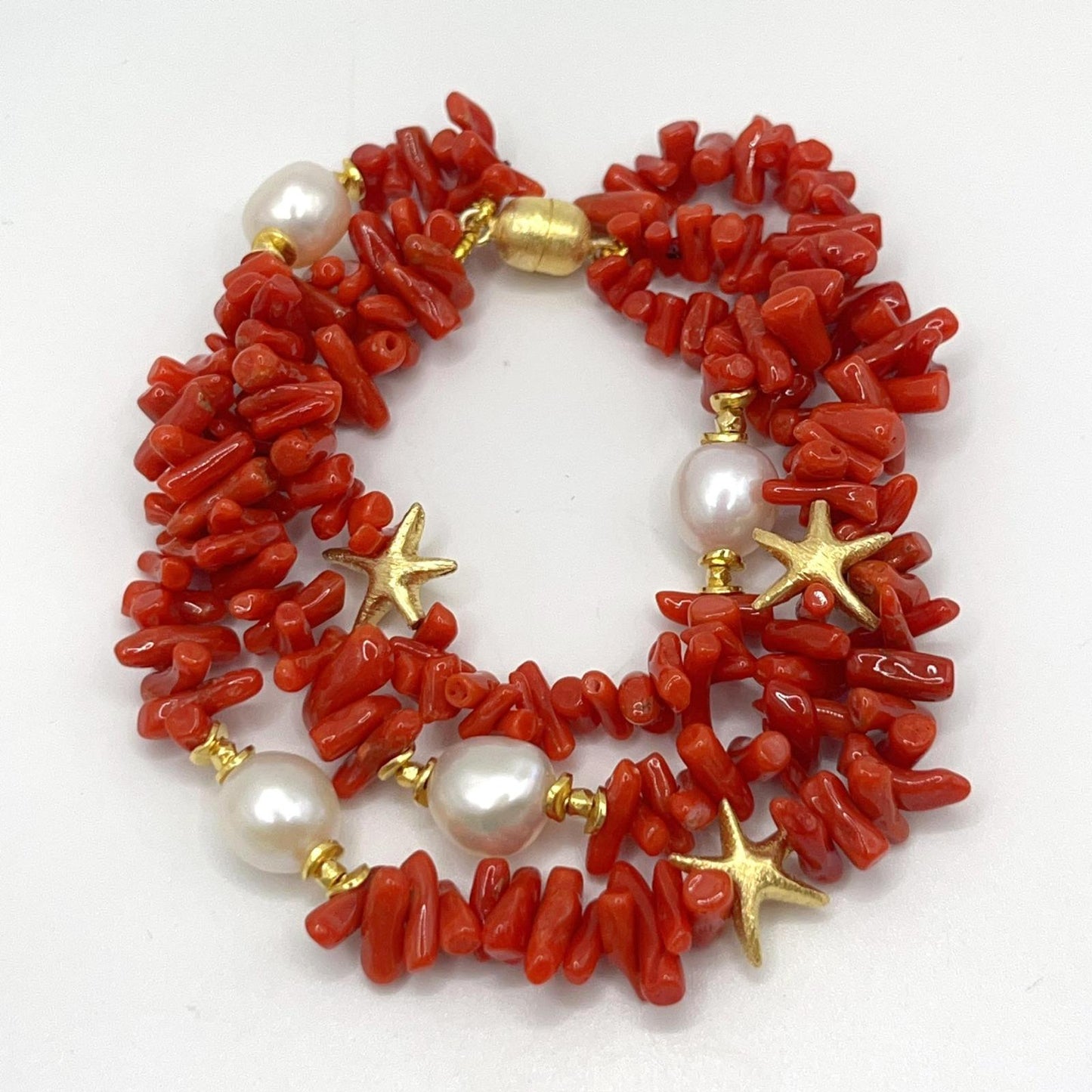 Italian Artisan Collection. Coral & Pearl Bracelet in Silver 925 With Sea-Inspired Elements