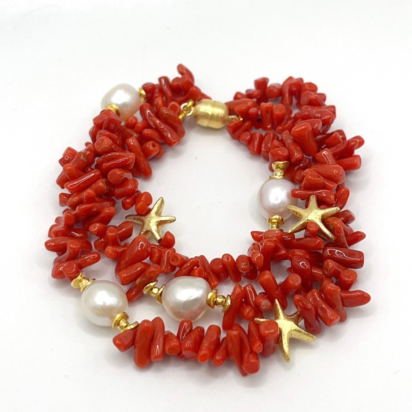 Italian Artisan Collection. Coral & Pearl Bracelet in Silver 925 With Sea-Inspired Elements