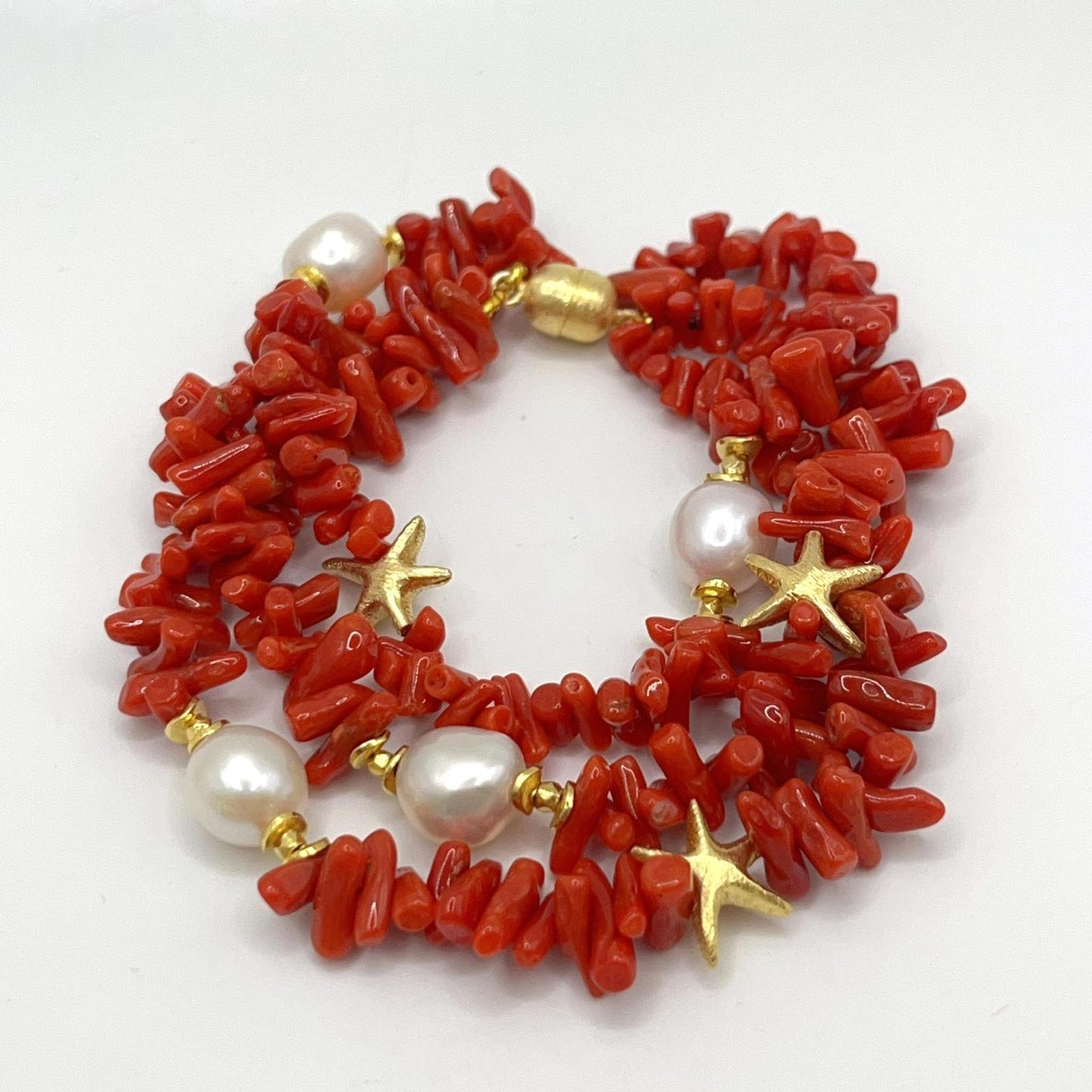 Italian Artisan Collection. Coral & Pearl Bracelet in Silver 925 With Sea-Inspired Elements