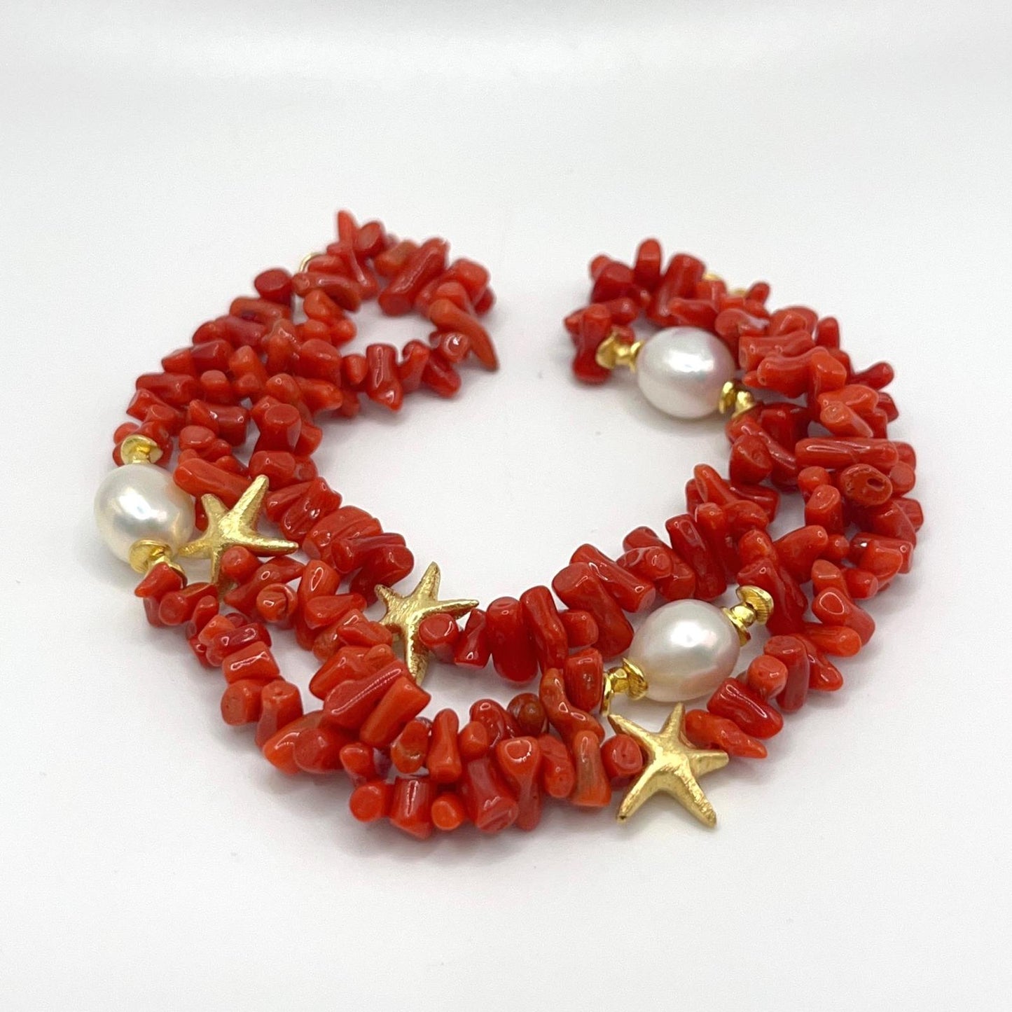 Italian Artisan Collection. Coral & Pearl Bracelet in Silver 925 With Sea-Inspired Elements