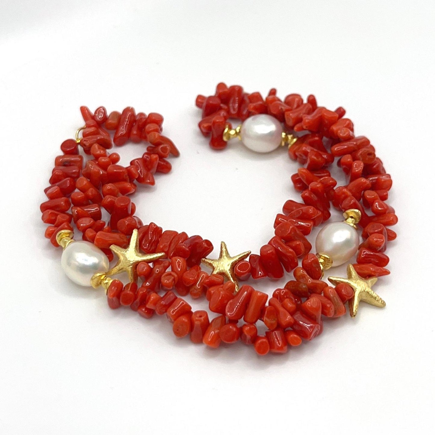 Italian Artisan Collection. Coral & Pearl Bracelet in Silver 925 With Sea-Inspired Elements