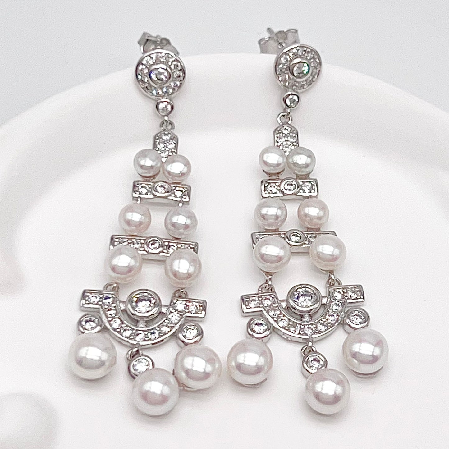 Antique Impression. Multi-pearl Earring in Silver 925. Edwardian Chandelier
