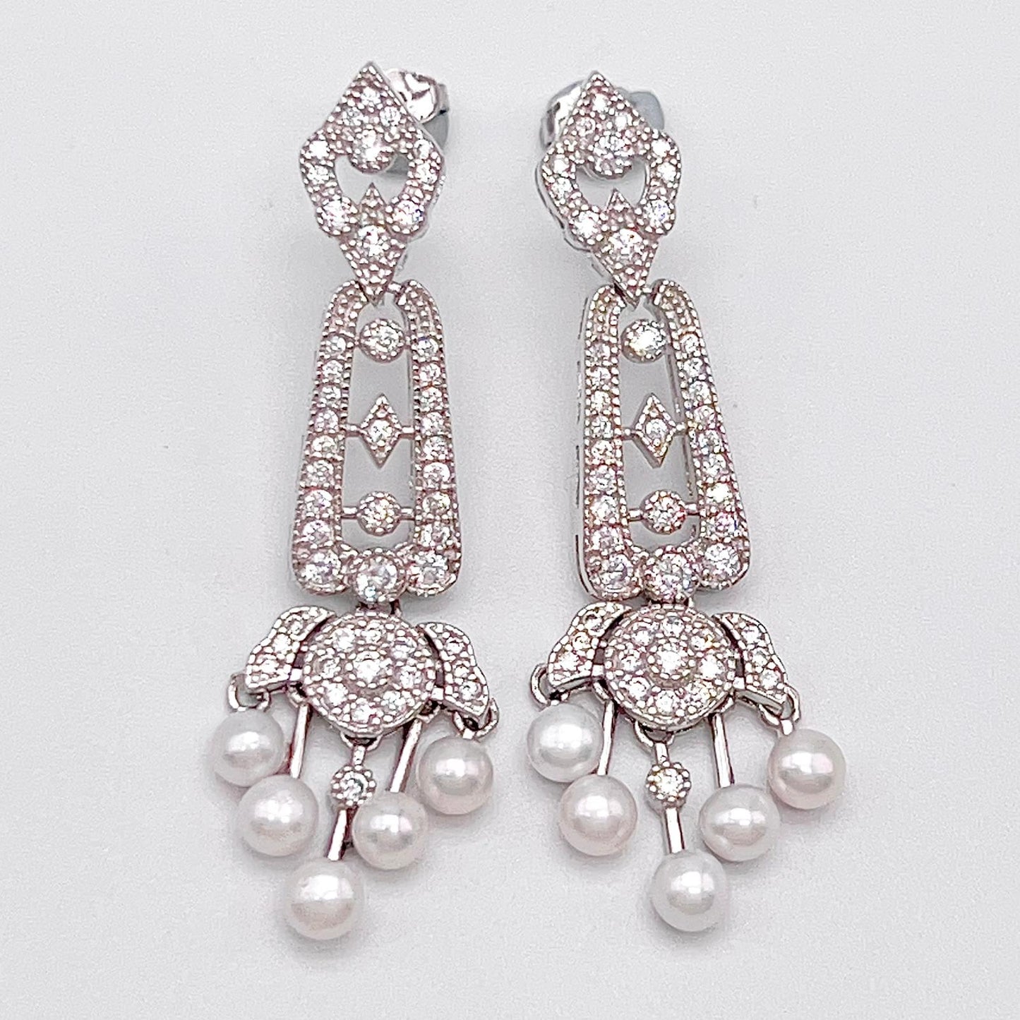 Antique Impression. Multi-pearl Earring in Silver 925. Edwardian Chandelier 5 pearl