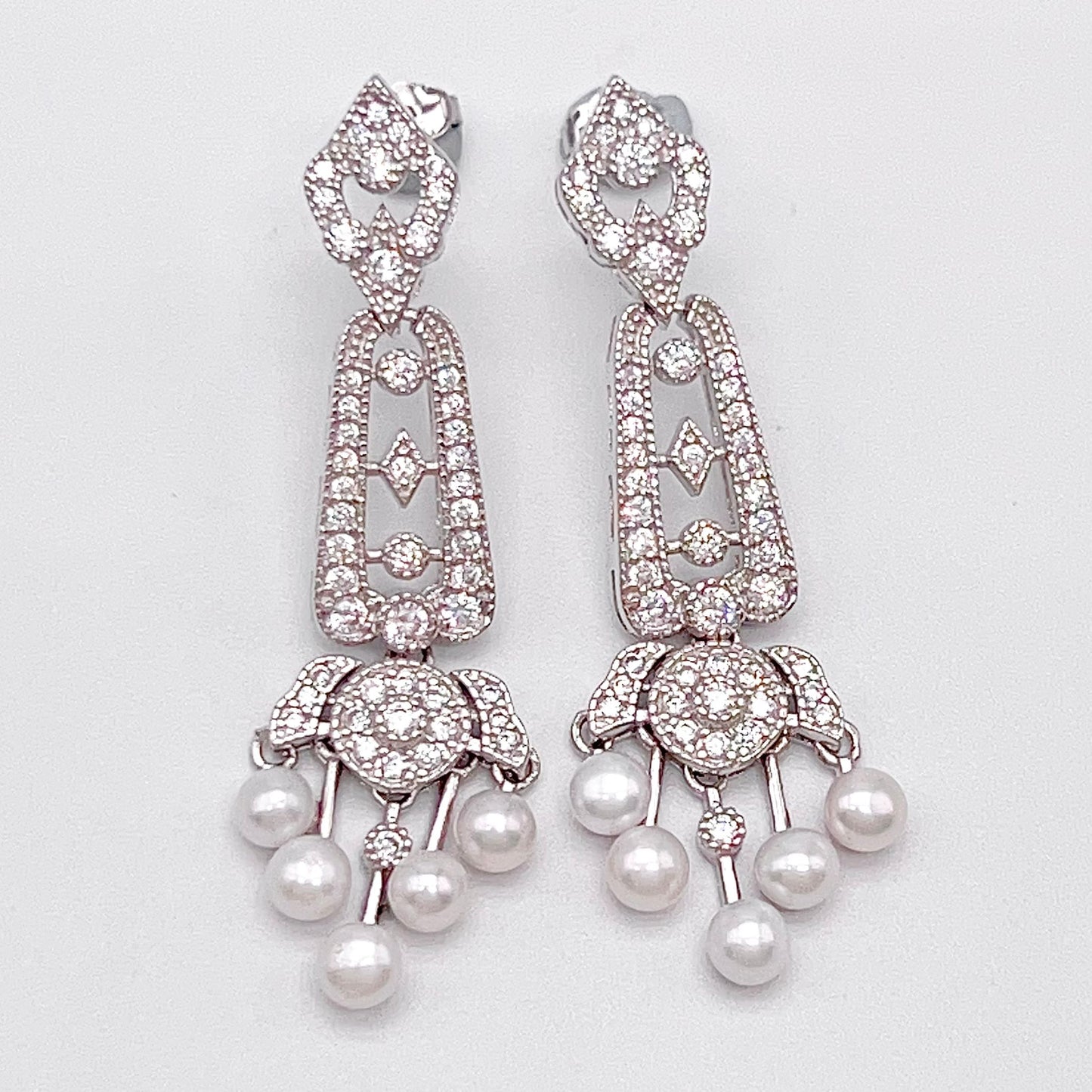 Antique Impression. Multi-pearl Earring in Silver 925. Edwardian Chandelier 5 pearl