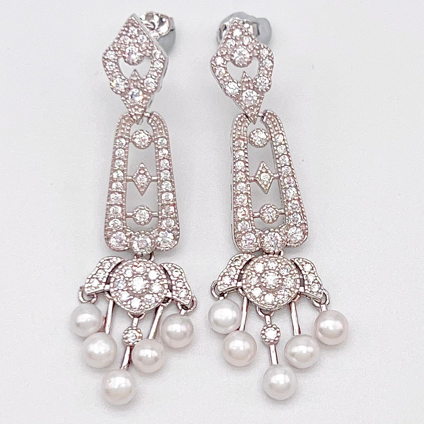 Antique Impression. Multi-pearl Earring in Silver 925. Edwardian Chandelier 5 pearl