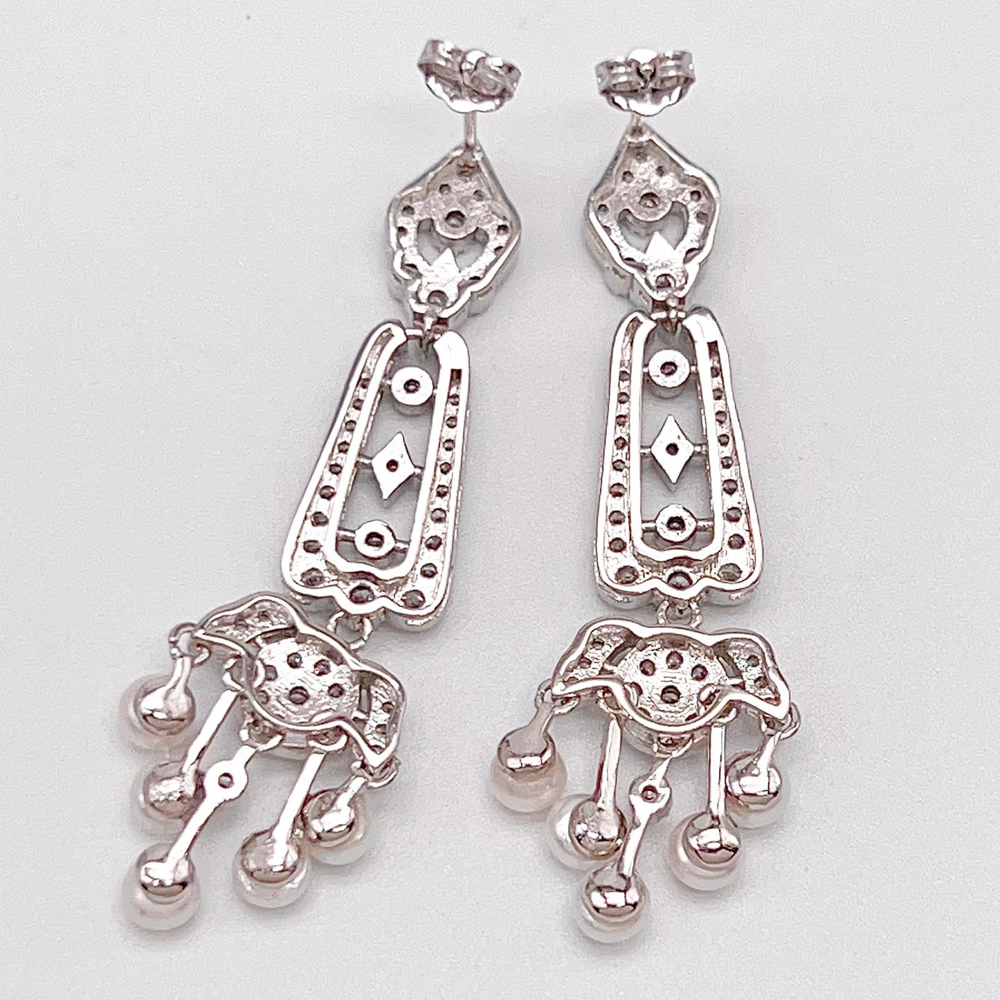 Antique Impression. Multi-pearl Earring in Silver 925. Edwardian Chandelier 5 pearl