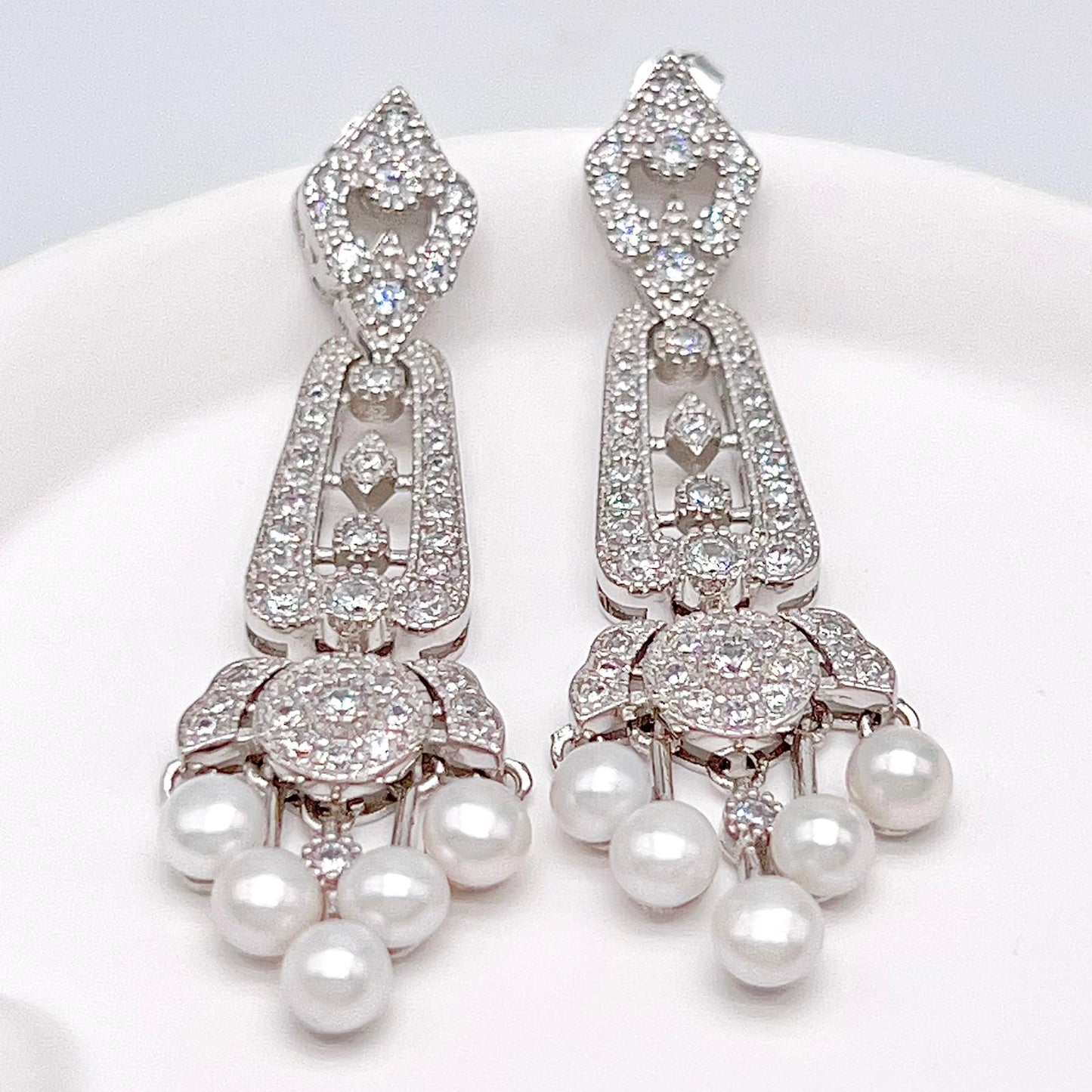 Antique Impression. Multi-pearl Earring in Silver 925. Edwardian Chandelier 5 pearl