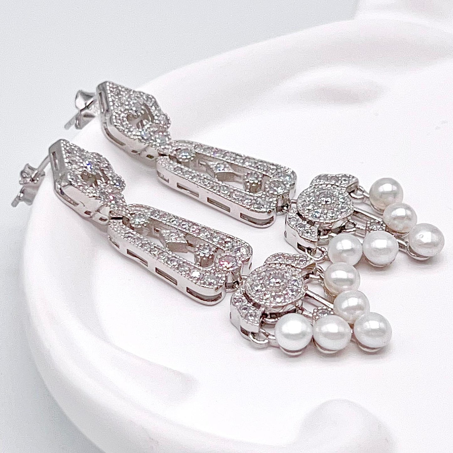 Antique Impression. Multi-pearl Earring in Silver 925. Edwardian Chandelier 5 pearl
