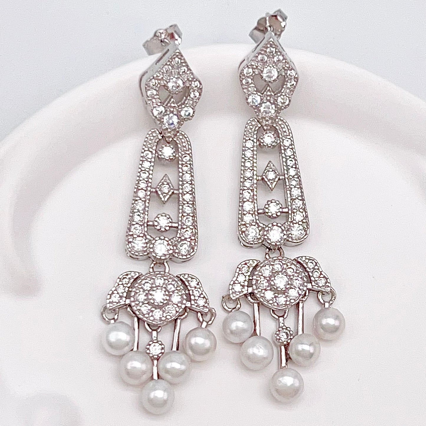 Antique Impression. Multi-pearl Earring in Silver 925. Edwardian Chandelier 5 pearl
