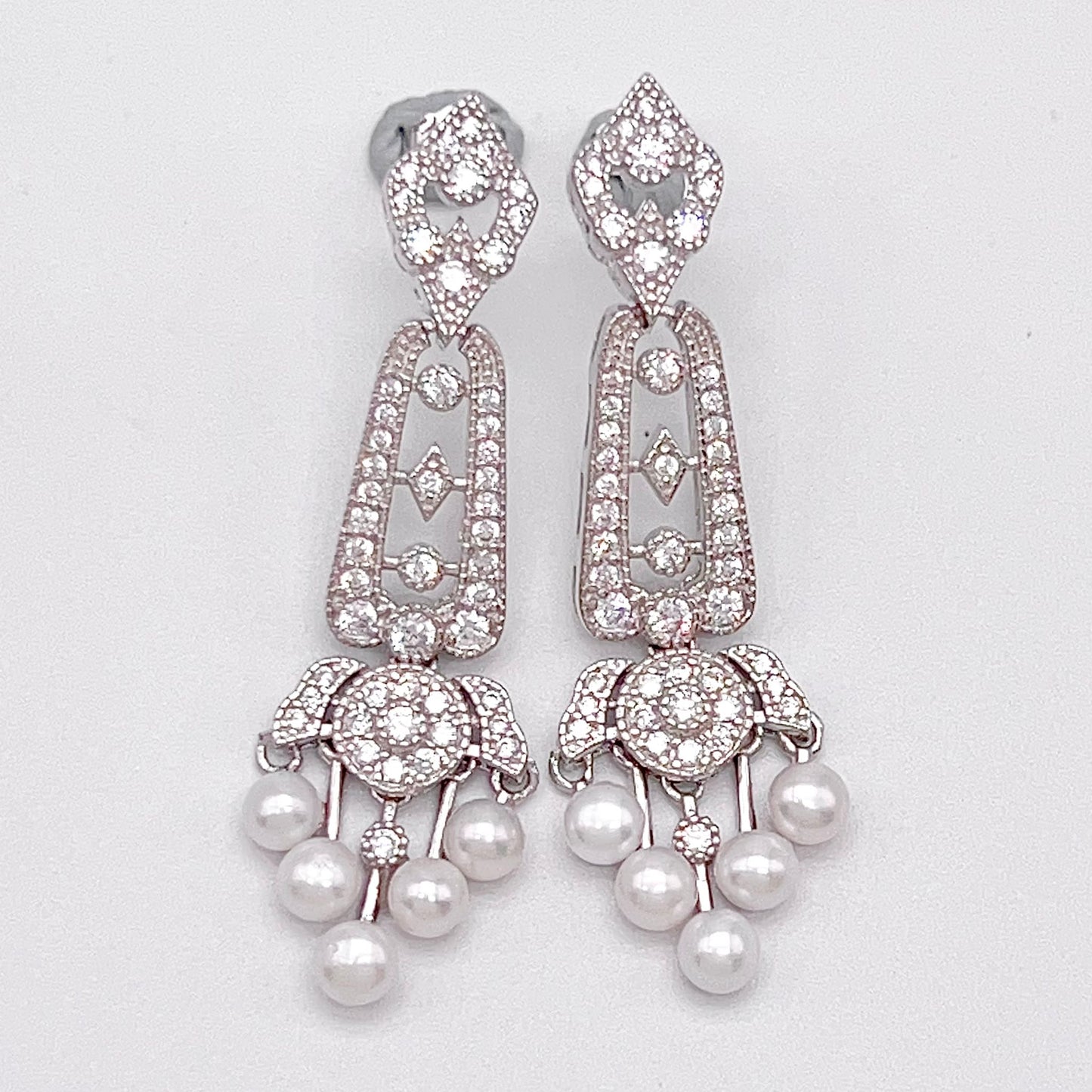 Antique Impression. Multi-pearl Earring in Silver 925. Edwardian Chandelier 5 pearl