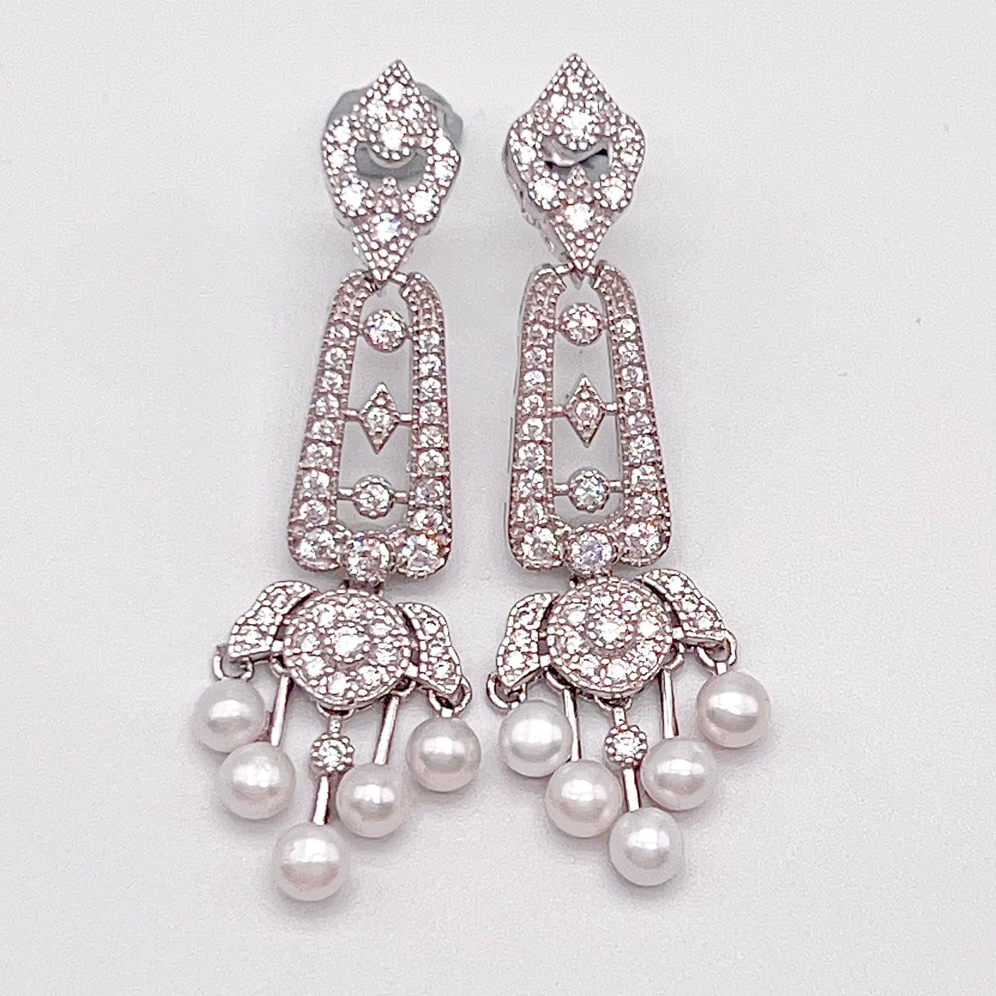 Antique Impression. Multi-pearl Earring in Silver 925. Edwardian Chandelier 5 pearl