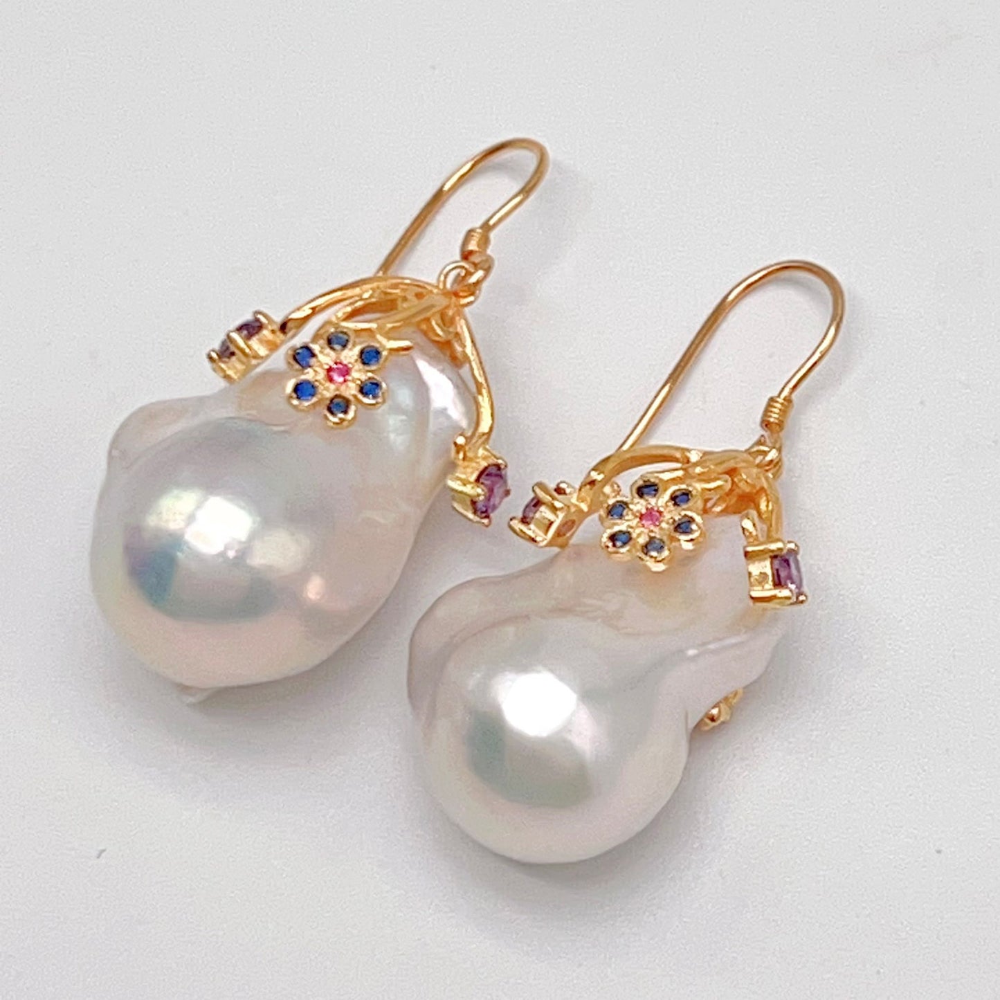 Retro Wind. Baroque Pearl Earring in Silver 925. Colorful Zircon
