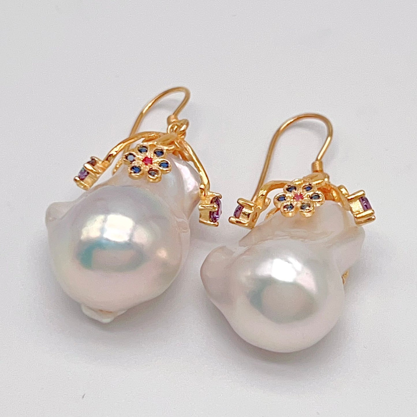 Retro Wind. Baroque Pearl Earring in Silver 925. Colorful Zircon