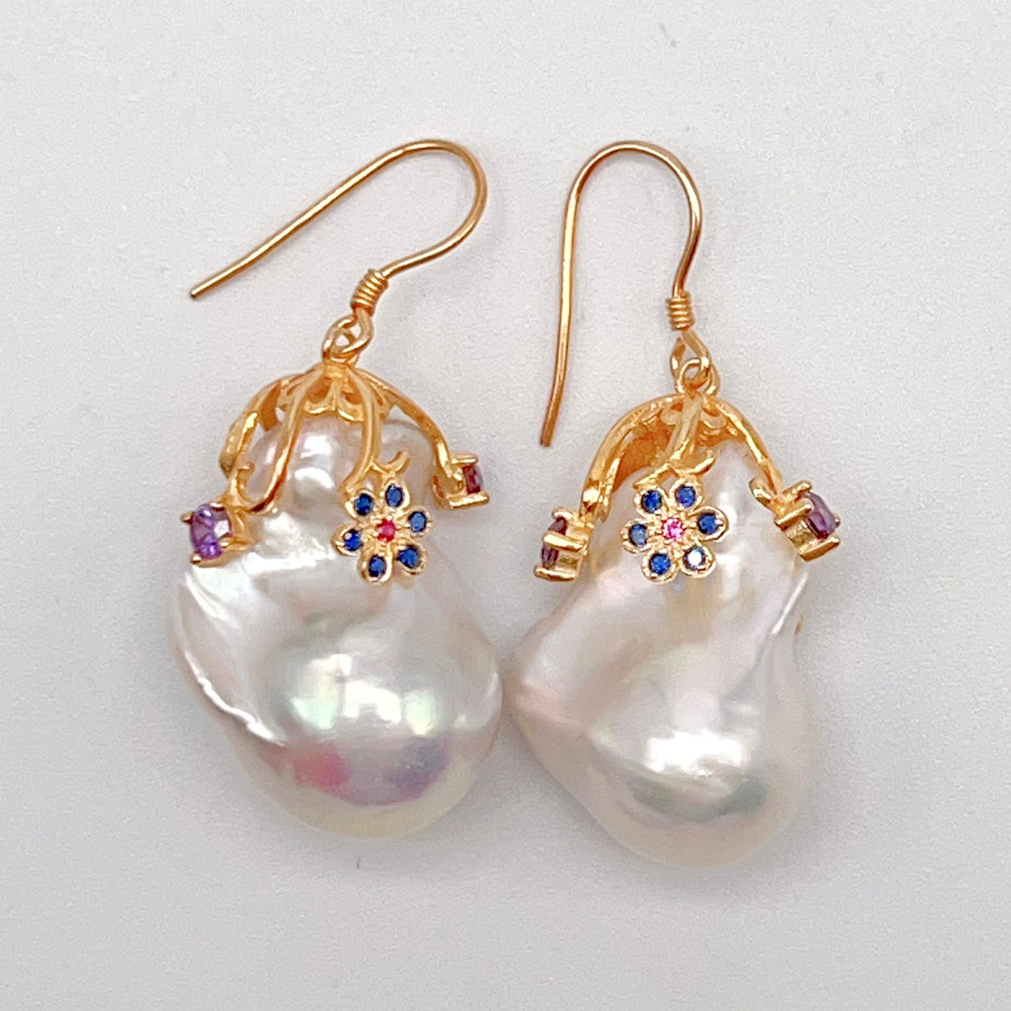 Retro Wind. Baroque Pearl Earring in Silver 925. Colorful Zircon