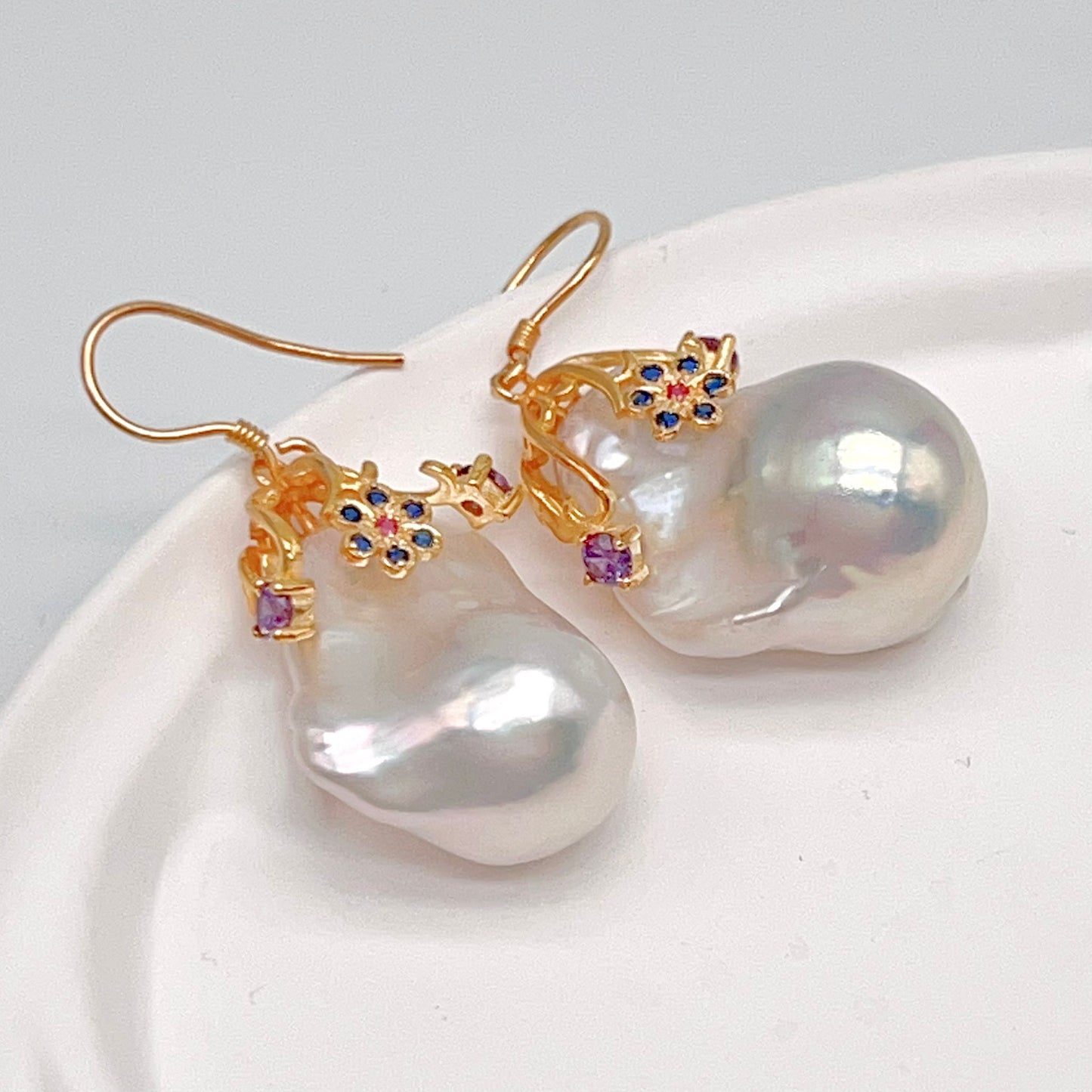 Retro Wind. Baroque Pearl Earring in Silver 925. Colorful Zircon