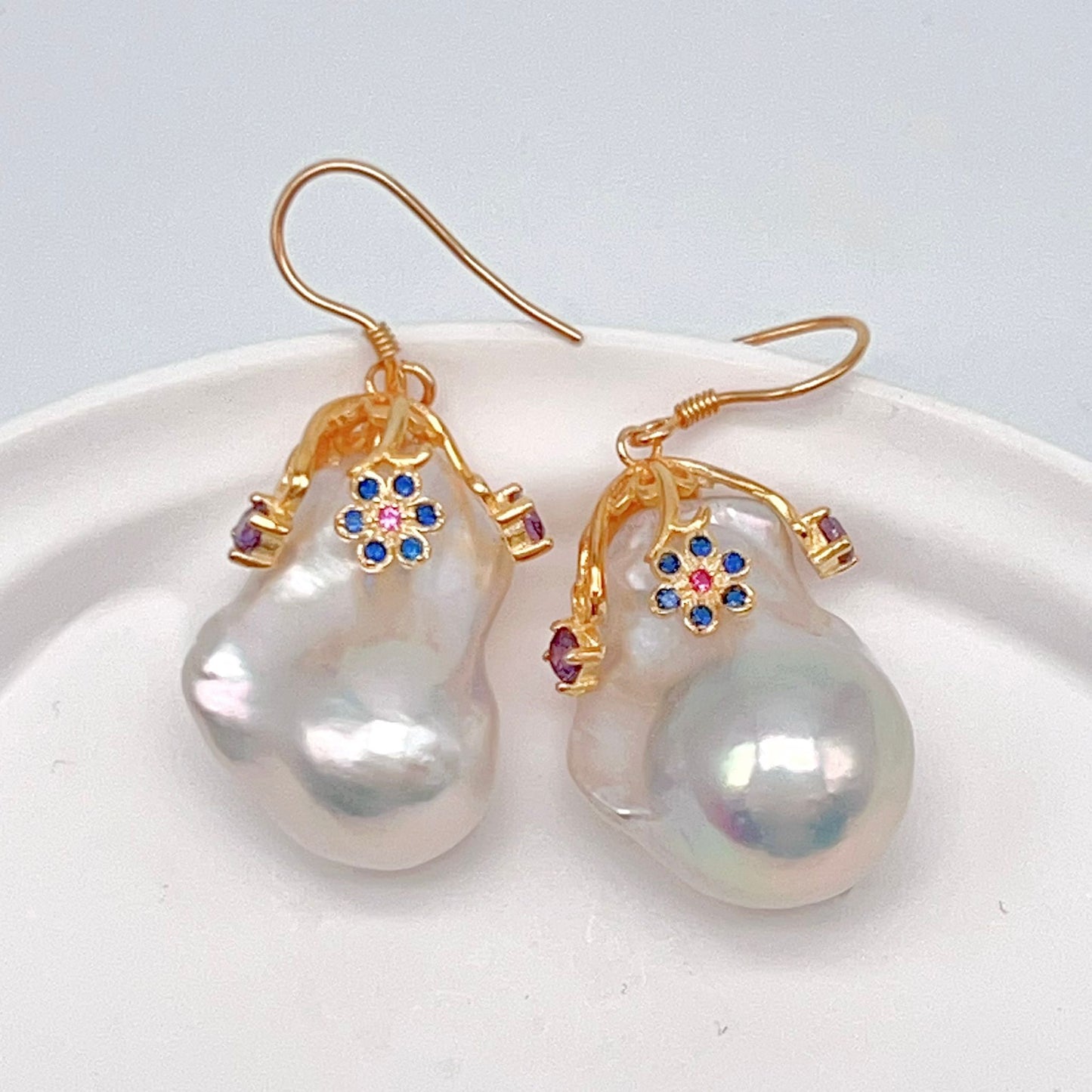 Retro Wind. Baroque Pearl Earring in Silver 925. Colorful Zircon