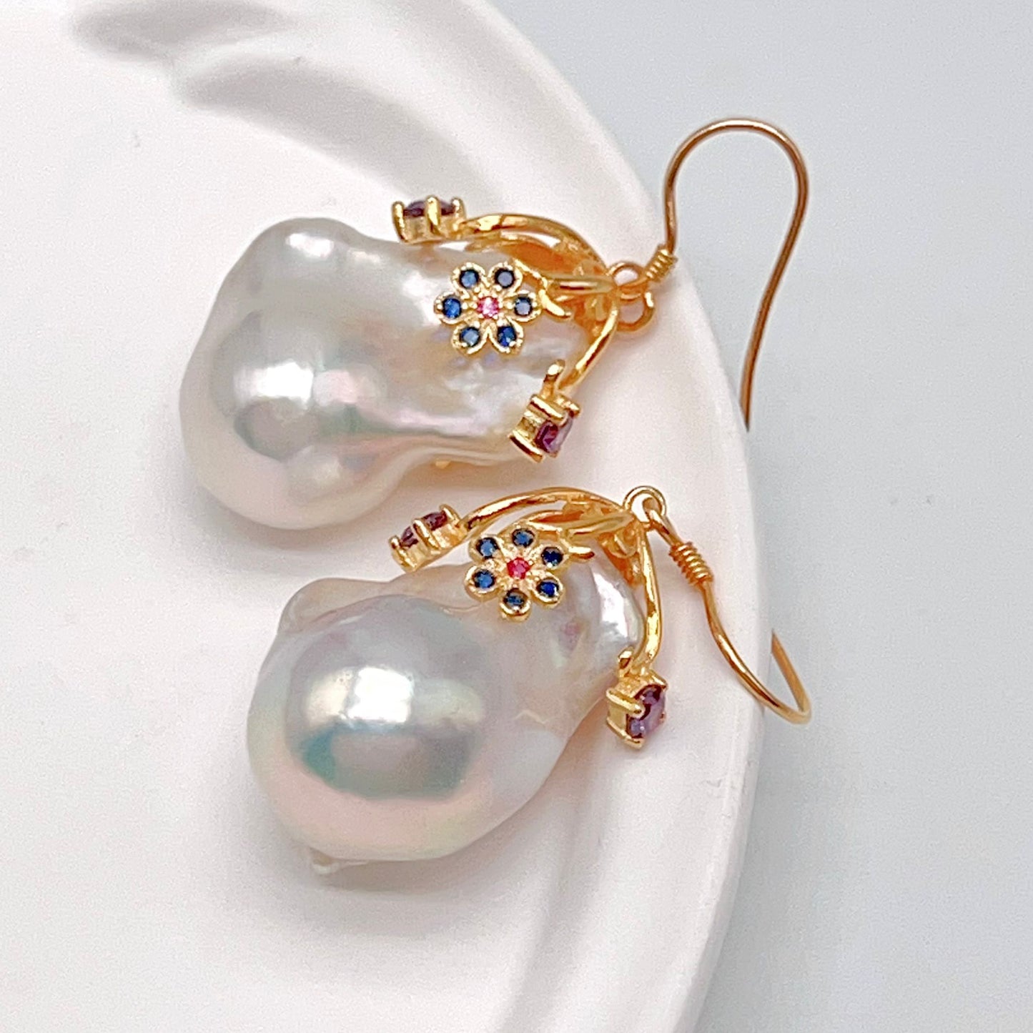 Retro Wind. Baroque Pearl Earring in Silver 925. Colorful Zircon