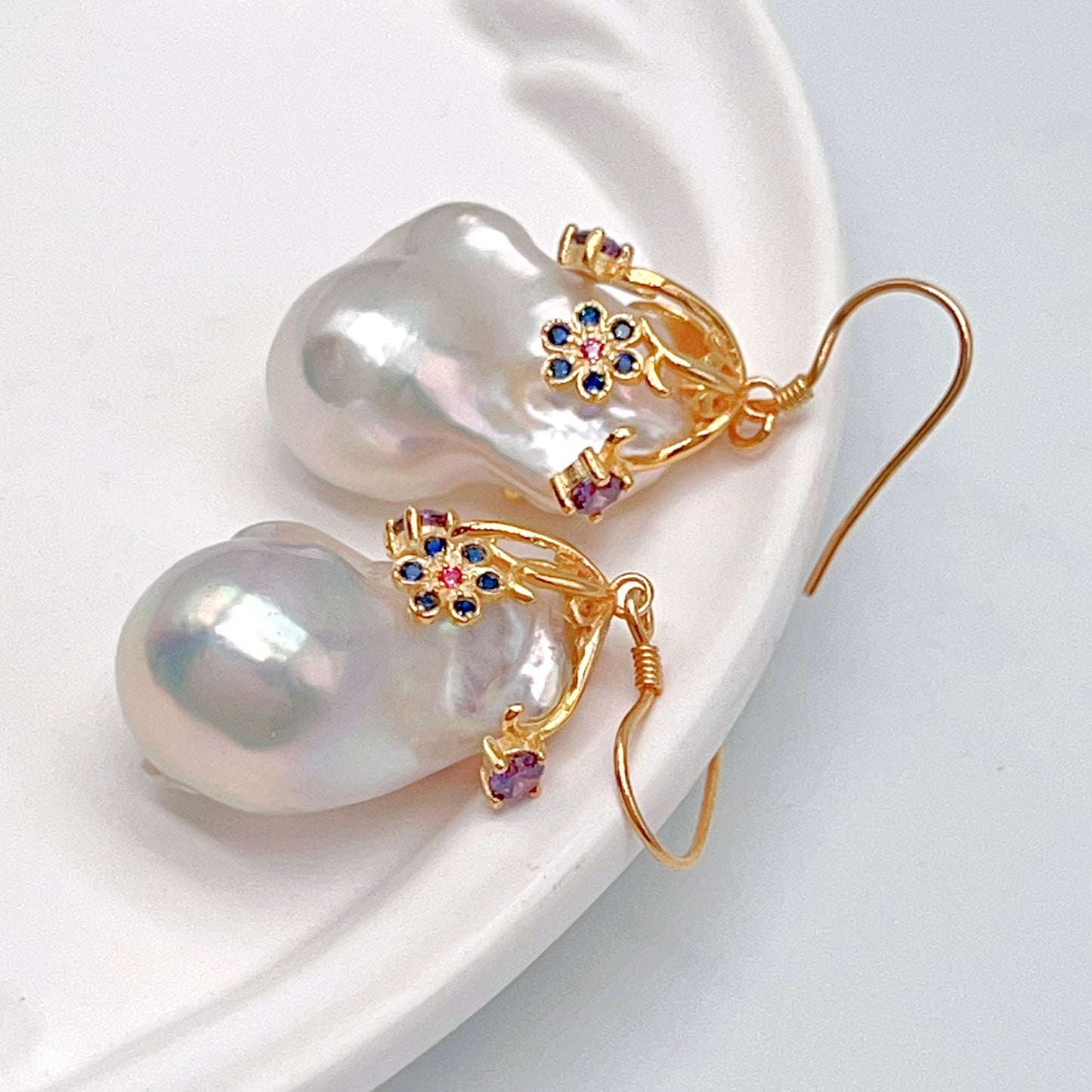 Retro Wind. Baroque Pearl Earring in Silver 925. Colorful Zircon