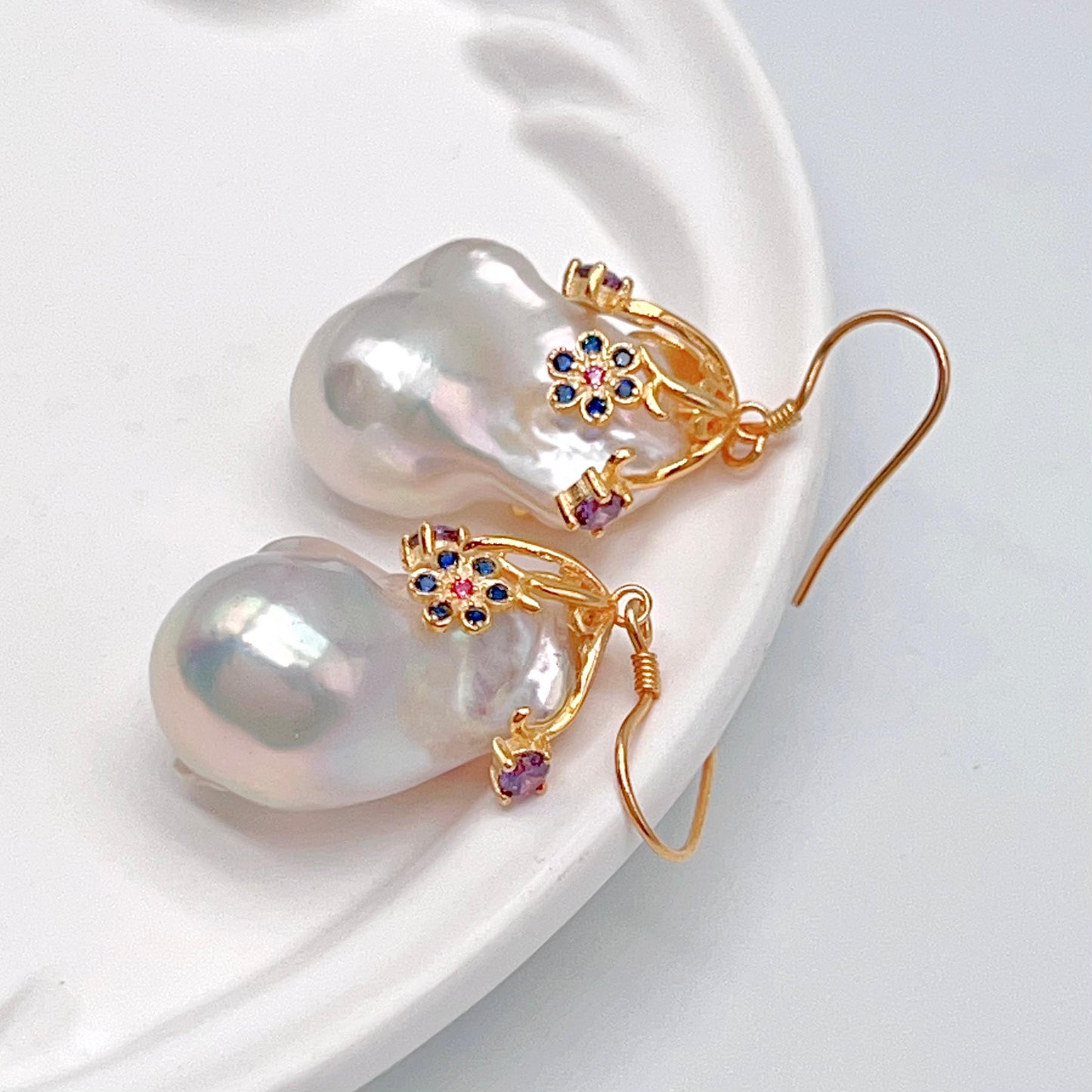 Retro Wind. Baroque Pearl Earring in Silver 925. Colorful Zircon