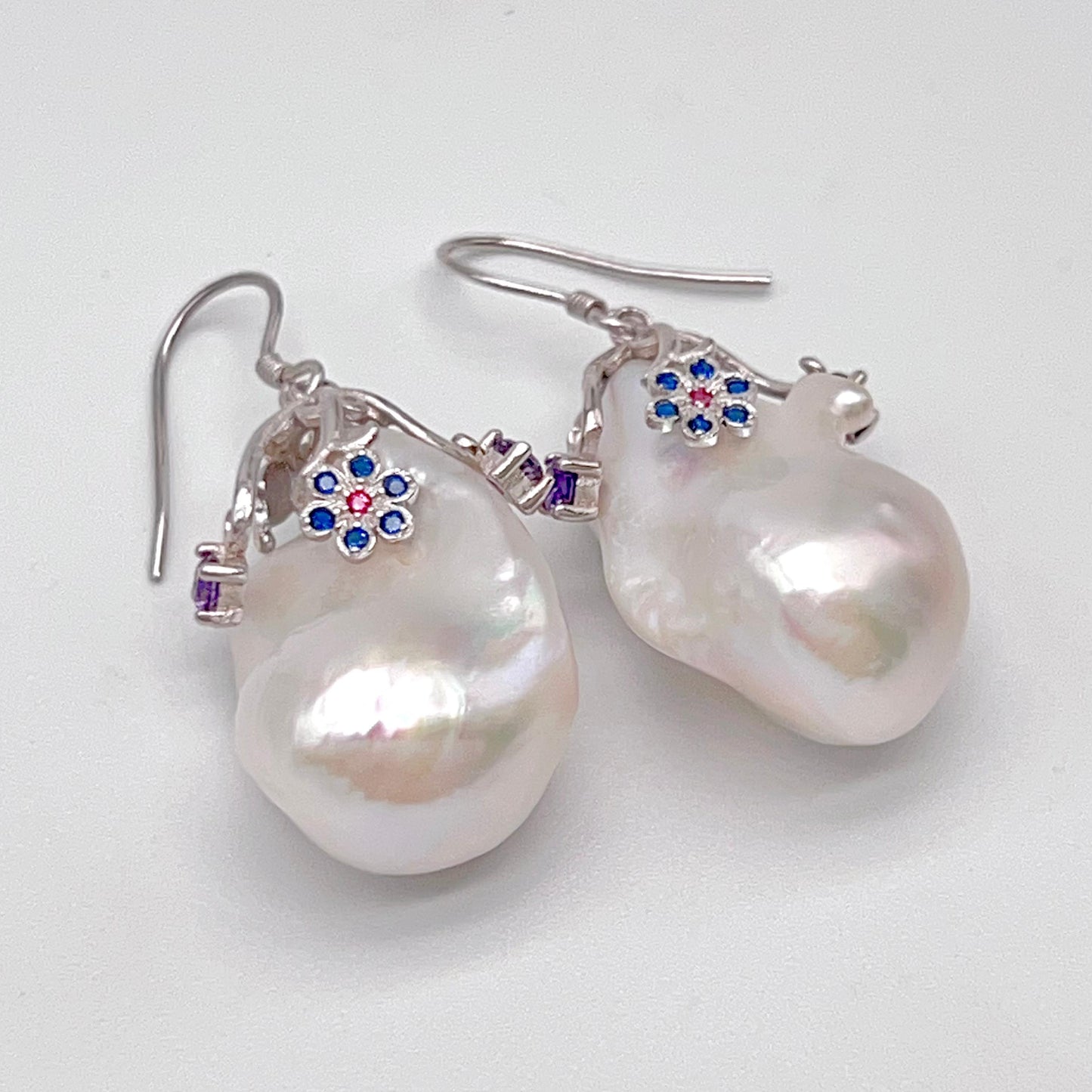 Retro Wind. Baroque Pearl Earring in Silver 925 with Colorful Zircon