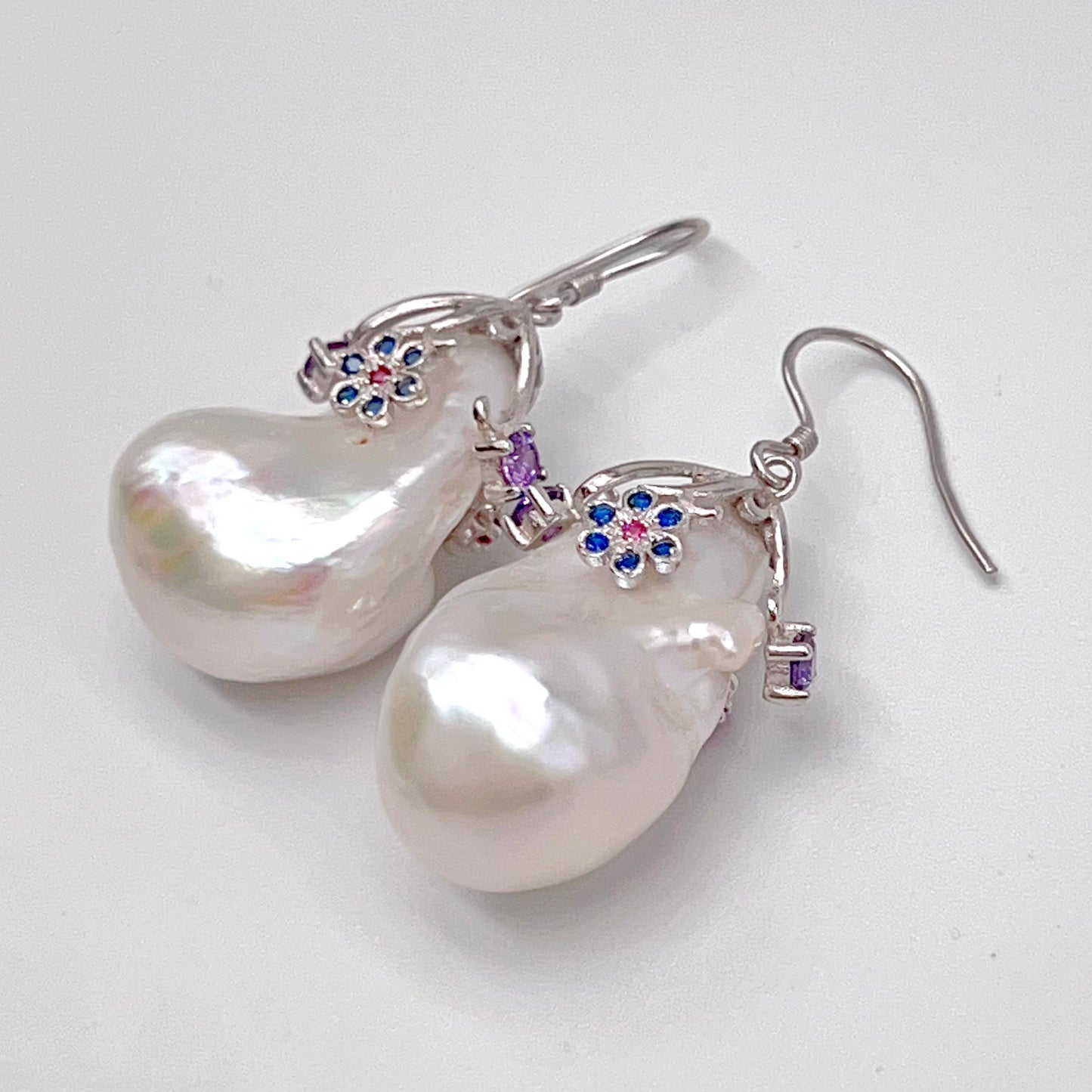 Retro Wind. Baroque Pearl Earring in Silver 925 with Colorful Zircon