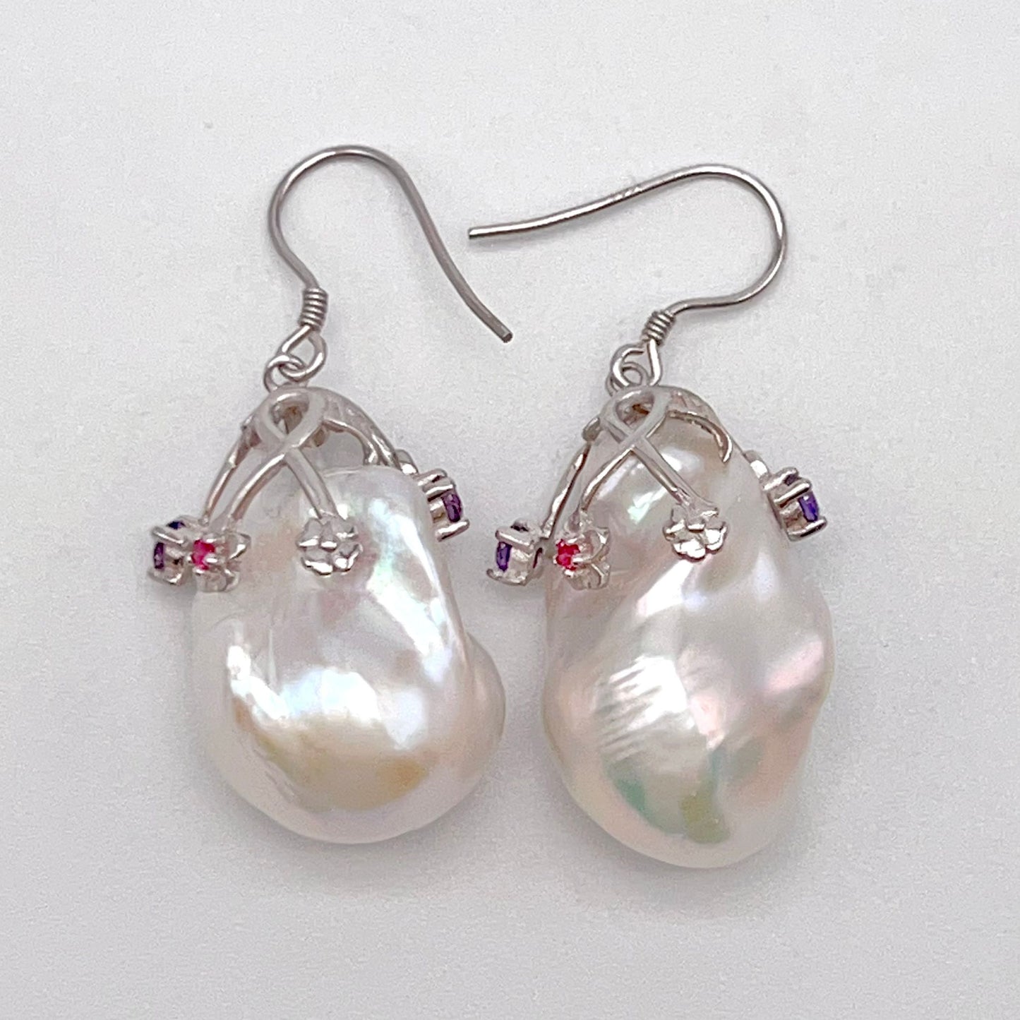 Retro Wind. Baroque Pearl Earring in Silver 925 with Colorful Zircon