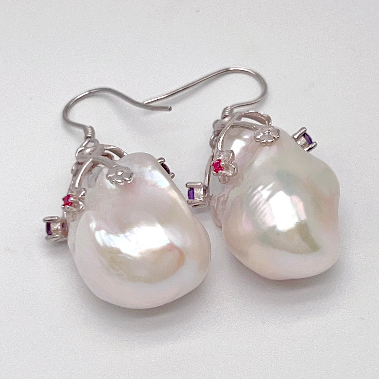 Retro Wind. Baroque Pearl Earring in Silver 925 with Colorful Zircon