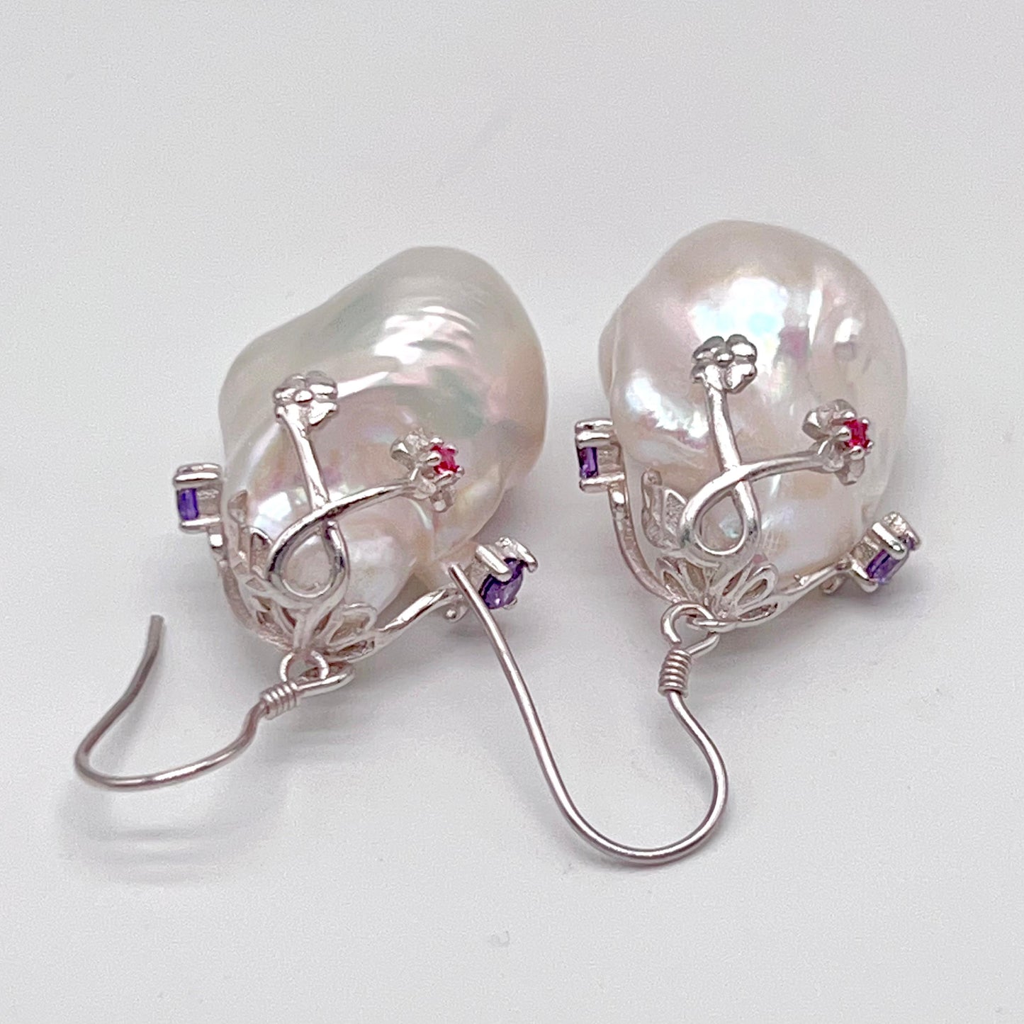 Retro Wind. Baroque Pearl Earring in Silver 925 with Colorful Zircon