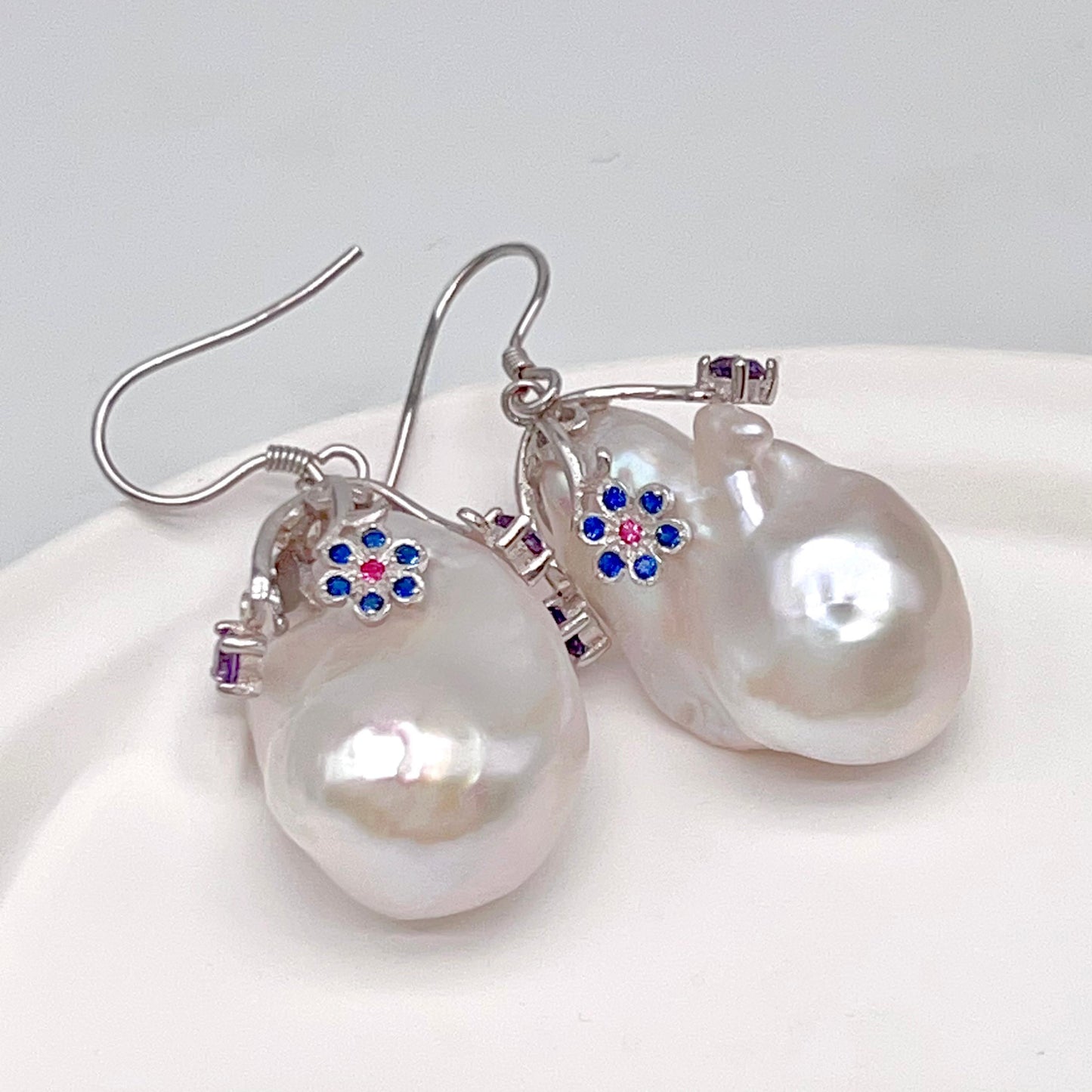 Retro Wind. Baroque Pearl Earring in Silver 925 with Colorful Zircon